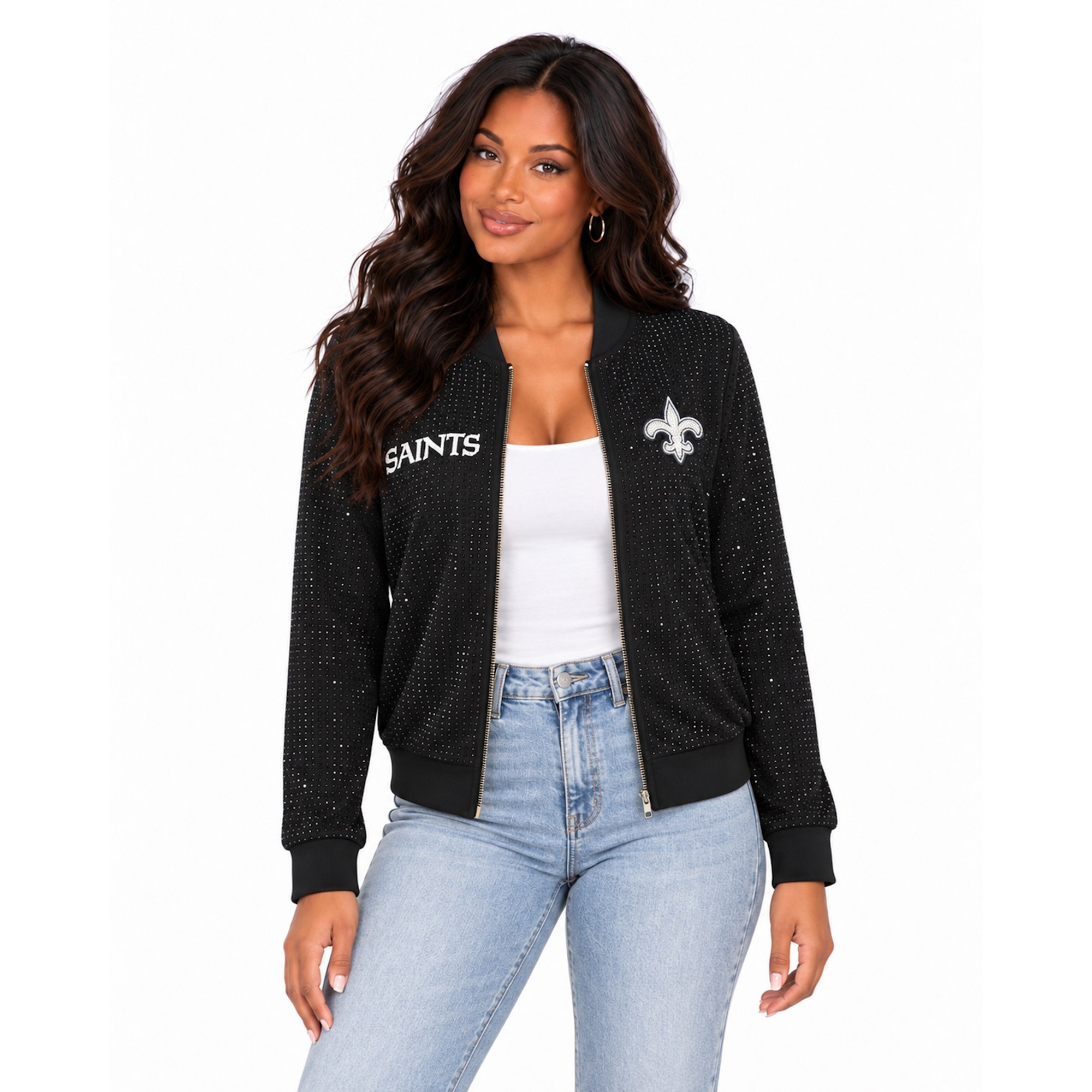 Women's FABGATING by Cuce Black New Orleans Saints Crystal Full-Zip Bomber Jacket
