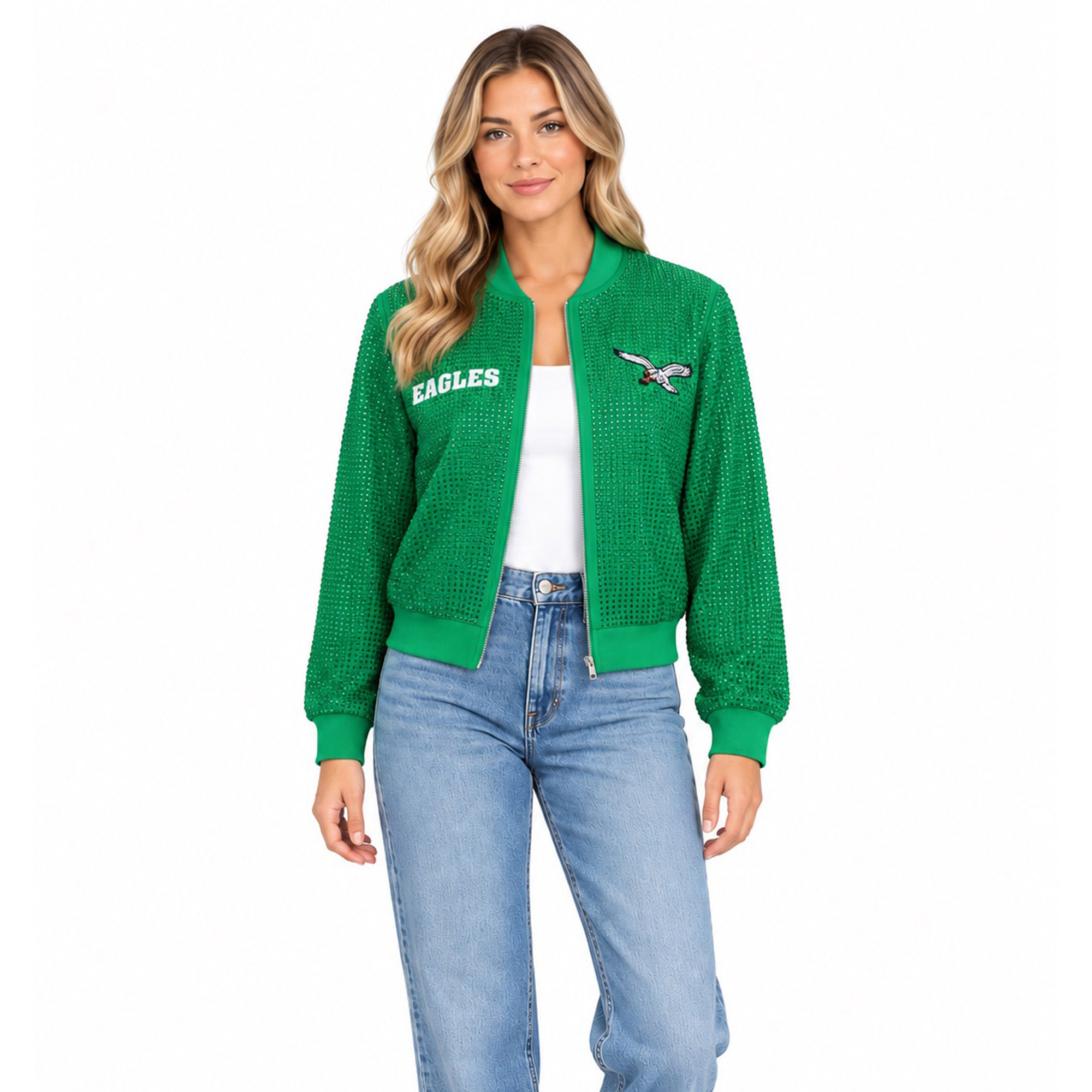Women's FABGATING by Cuce Kelly Green Philadelphia Eagles Crystal Full-Zip Bomber Jacket