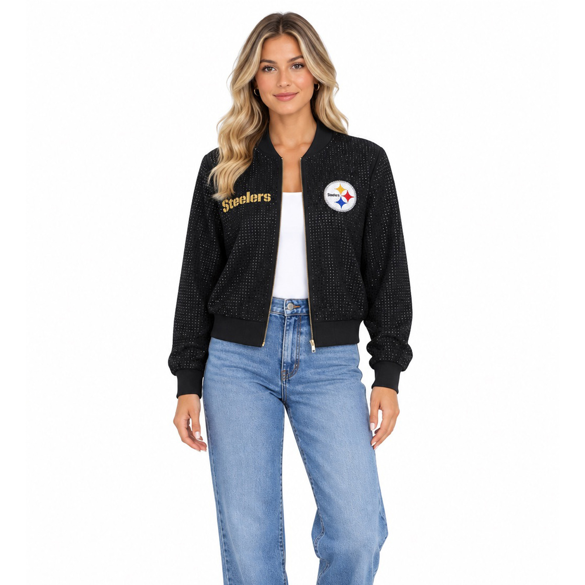 Women's FABGATING by Cuce Black Pittsburgh Steelers Crystal Full-Zip Bomber Jacket