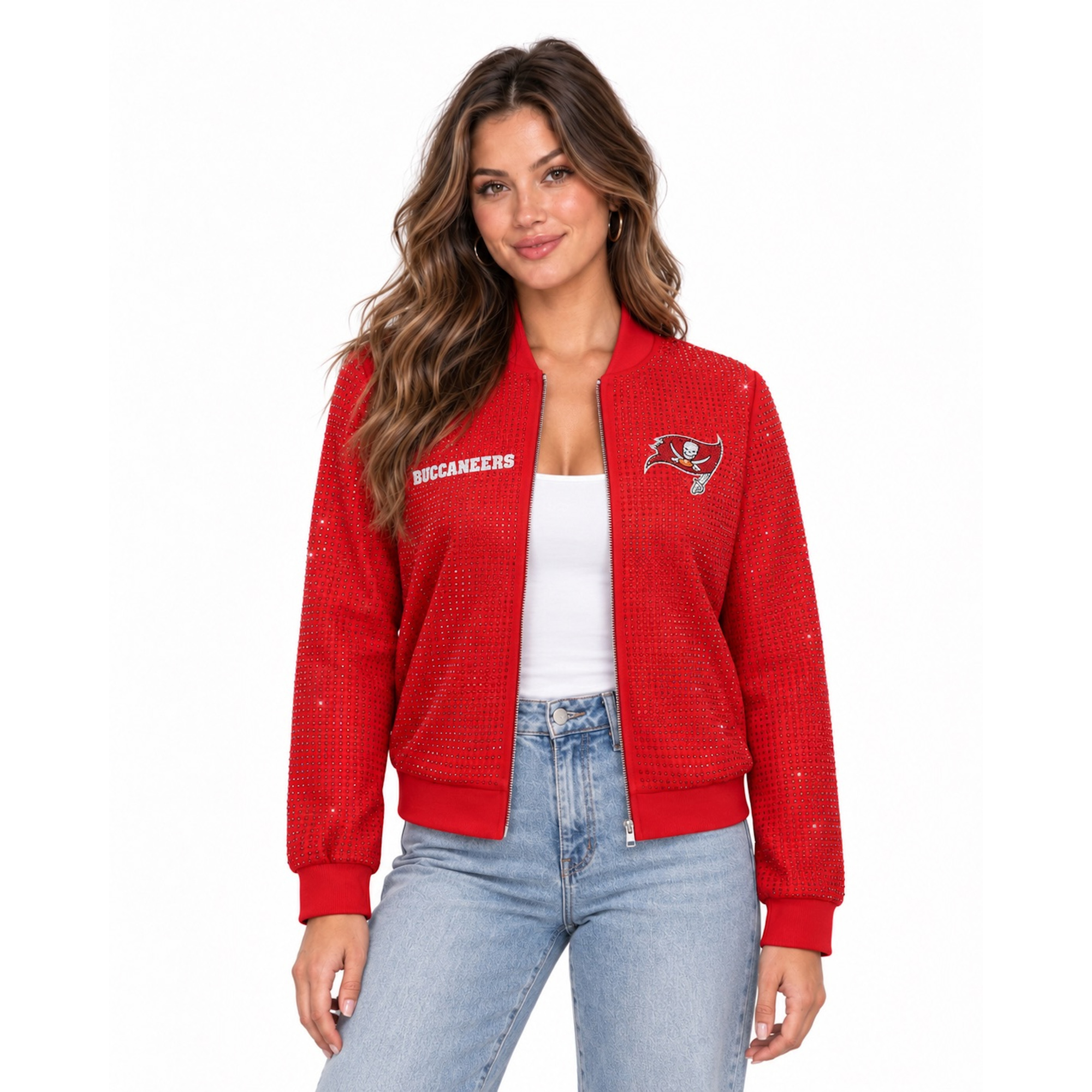 Women's FABGATING by Cuce Red Tampa Bay Buccaneers Crystal Full-Zip Bomber Jacket