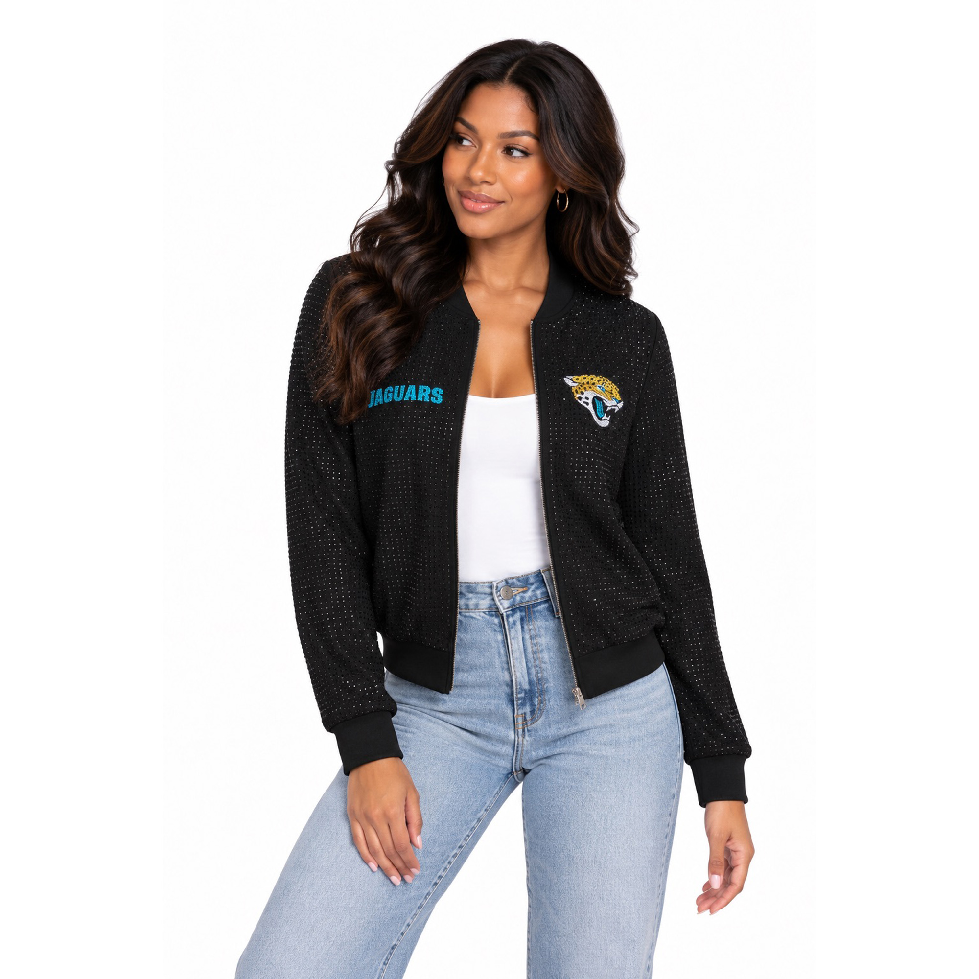 Women's FABGATING by Cuce Black Jacksonville Jaguars Crystal Full-Zip Bomber Jacket
