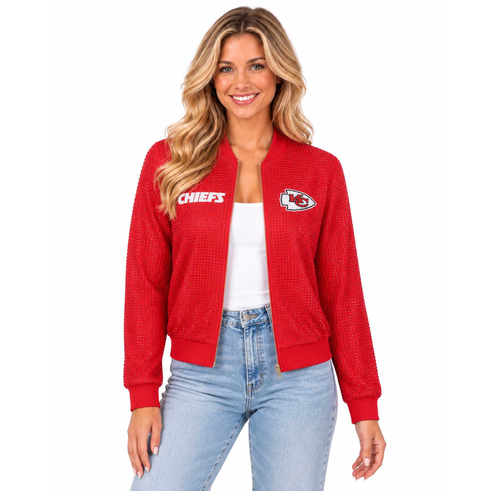 Women's FABGATING by Cuce Red Kansas City Chiefs Crystal Full-Zip Bomber Jacket