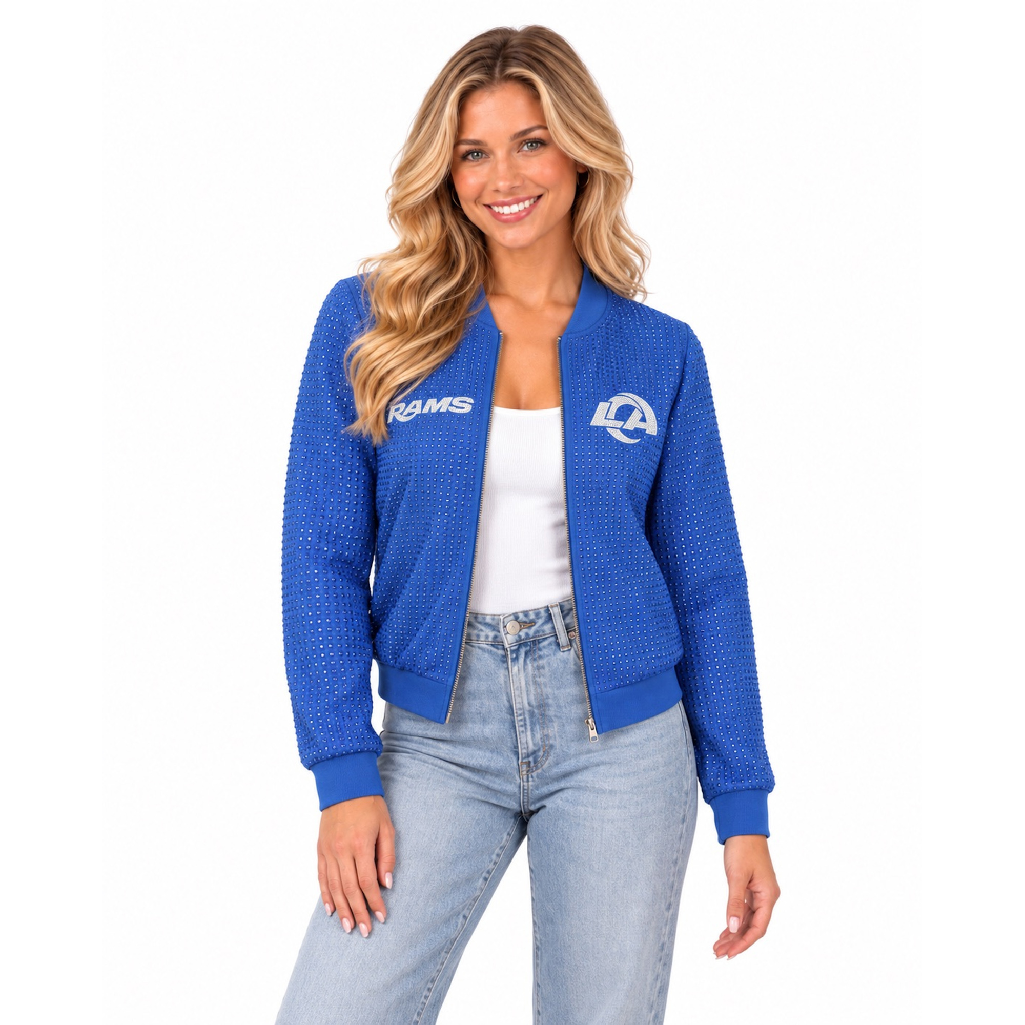 Women's FABGATING by Cuce Royal Los Angeles Rams Crystal Full-Zip Bomber Jacket