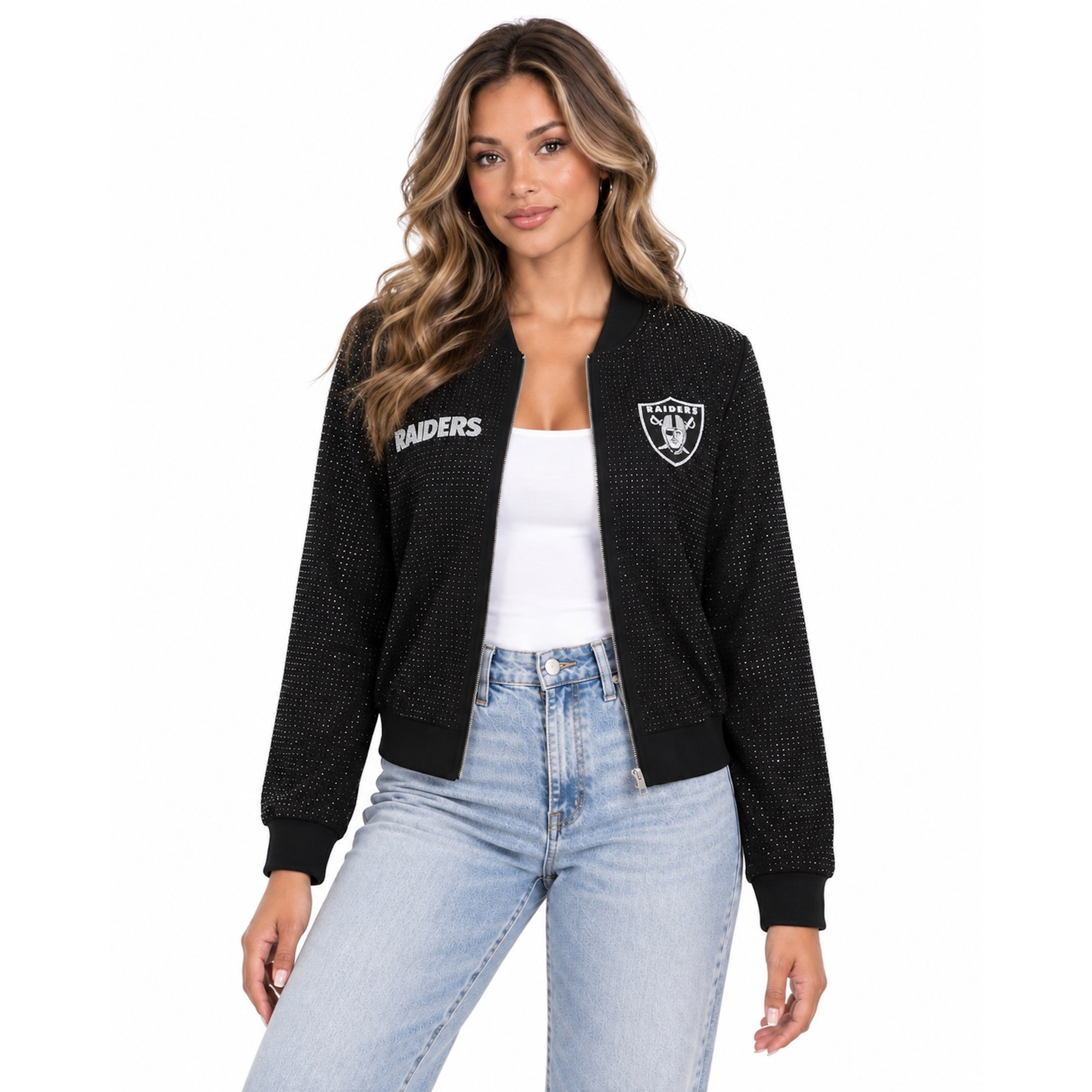 Women's FABGATING by Cuce Black Las Vegas Raiders Crystal Full-Zip Bomber Jacket