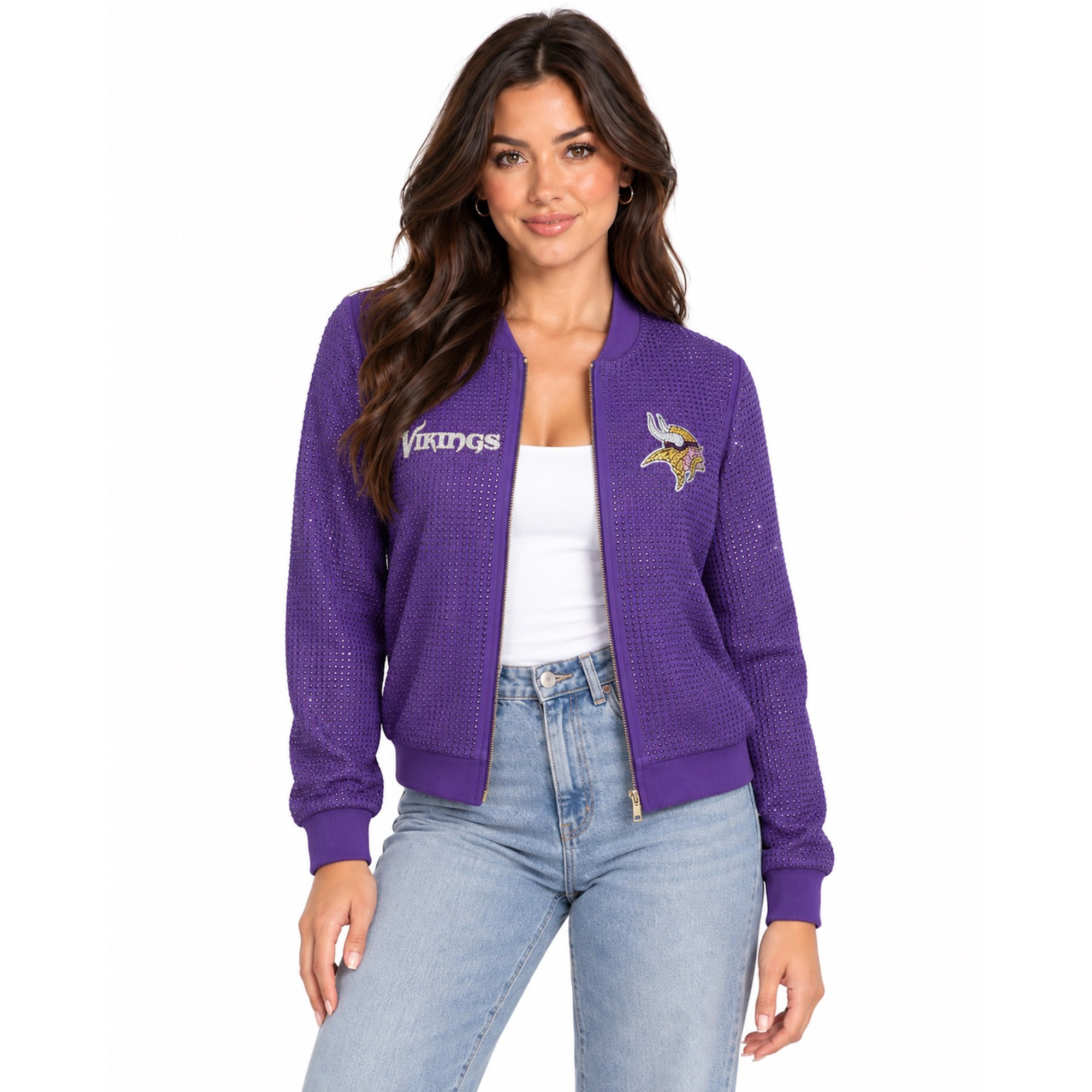 Women's FABGATING by Cuce Purple Minnesota Vikings Crystal Full-Zip Bomber Jacket