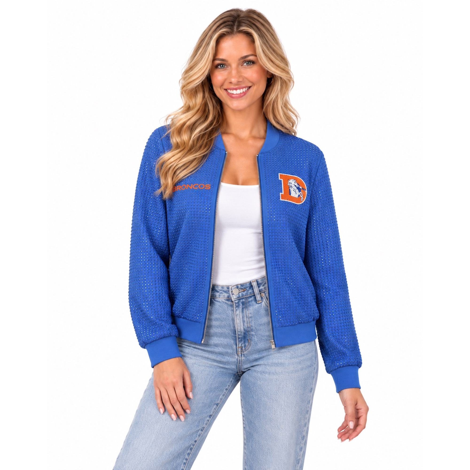 Women's FABGATING by Cuce Royal Denver Broncos Crystal Full-Zip Bomber Jacket