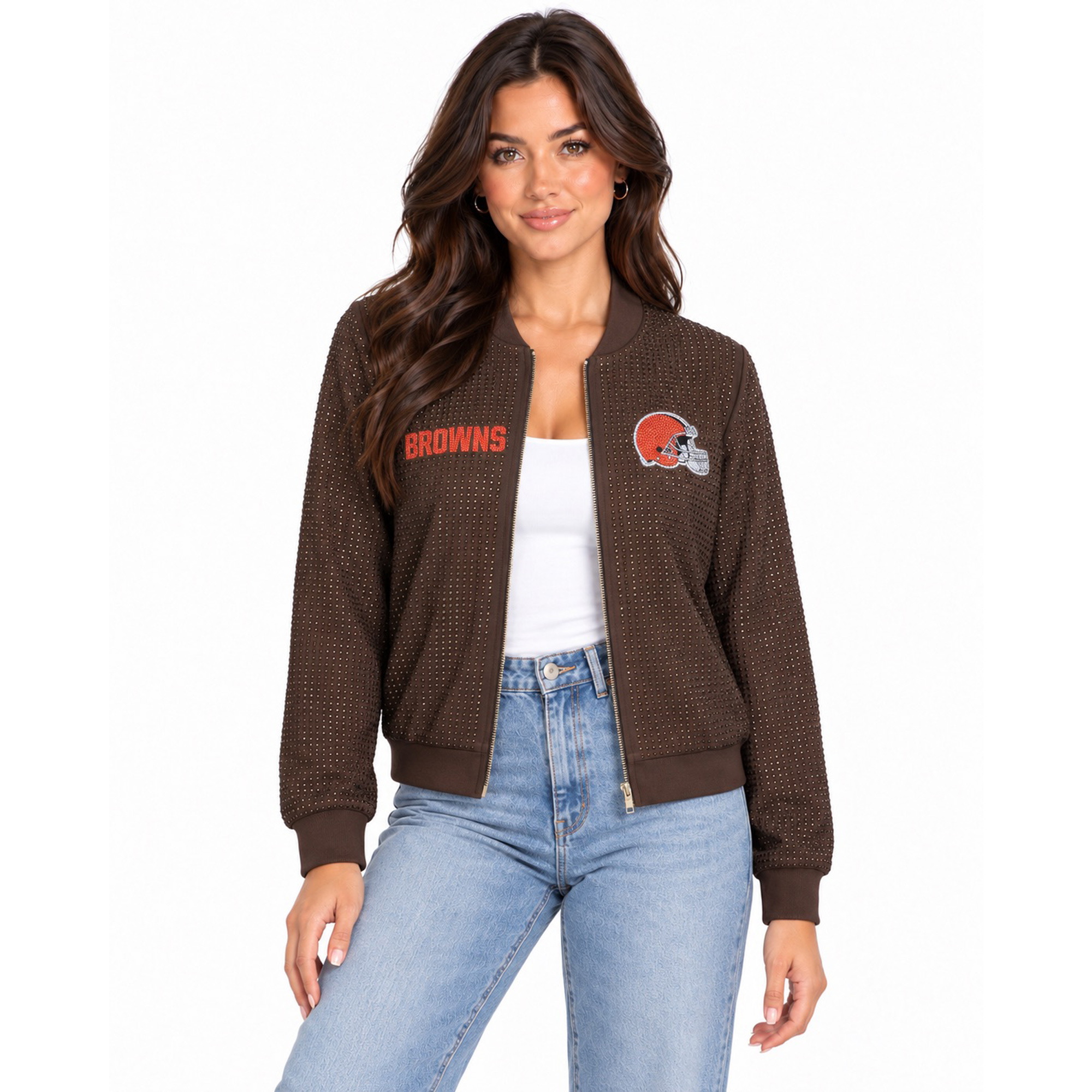 Women's FABGATING by Cuce Brown Cleveland Browns Crystal Full-Zip Bomber Jacket