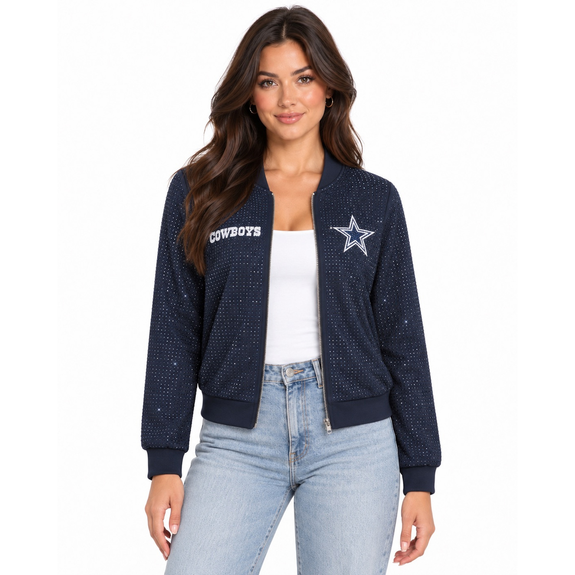 Women's FABGATING by Cuce Navy Dallas Cowboys Crystal Full-Zip Bomber Jacket
