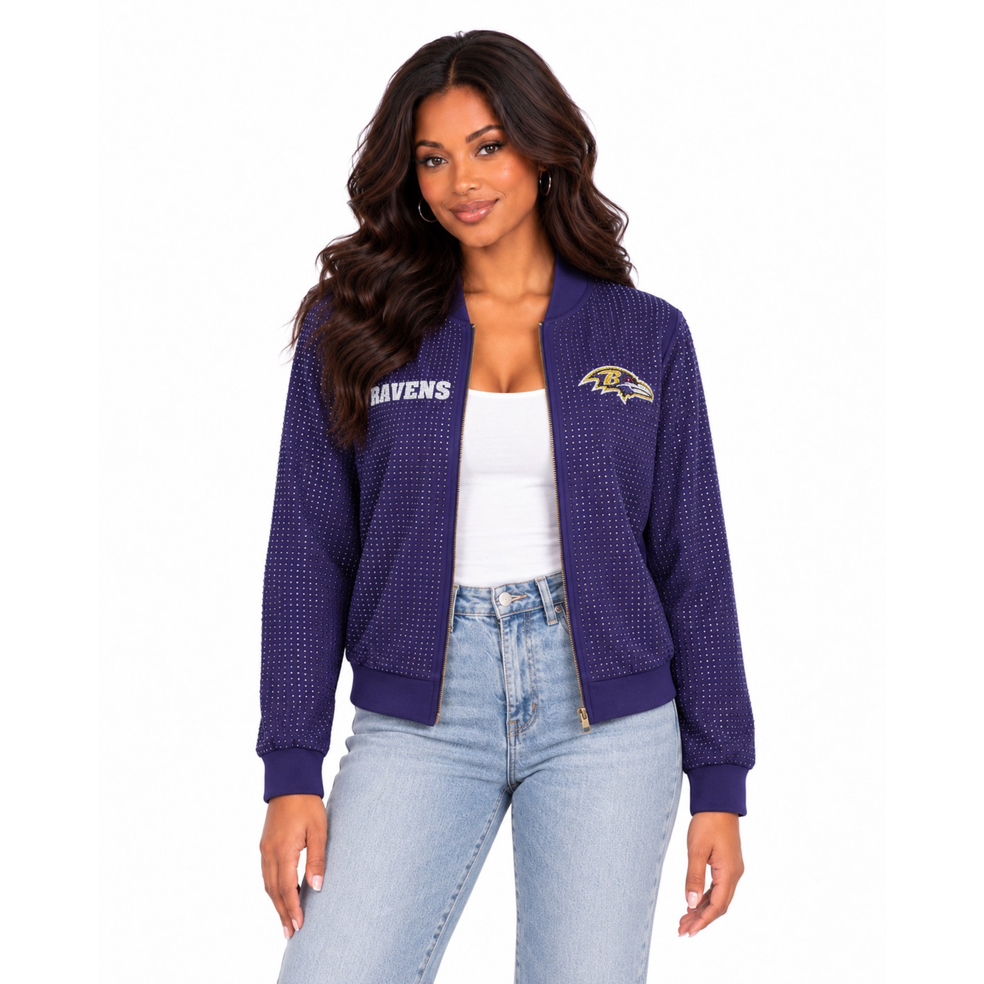 Women's FABGATING by Cuce Purple Baltimore Ravens Crystal Full-Zip Bomber Jacket