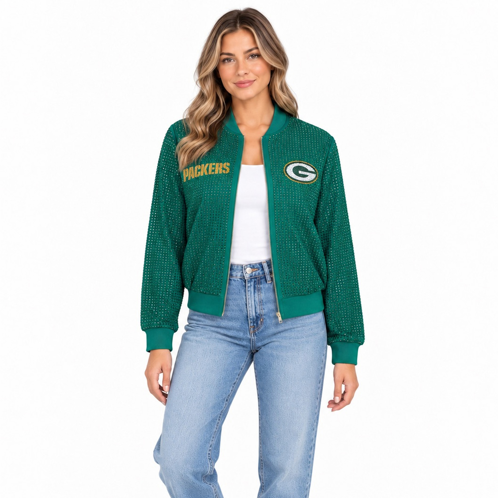 Women's FABGATING by Cuce Green Green Bay Packers Crystal Full-Zip Bomber Jacket