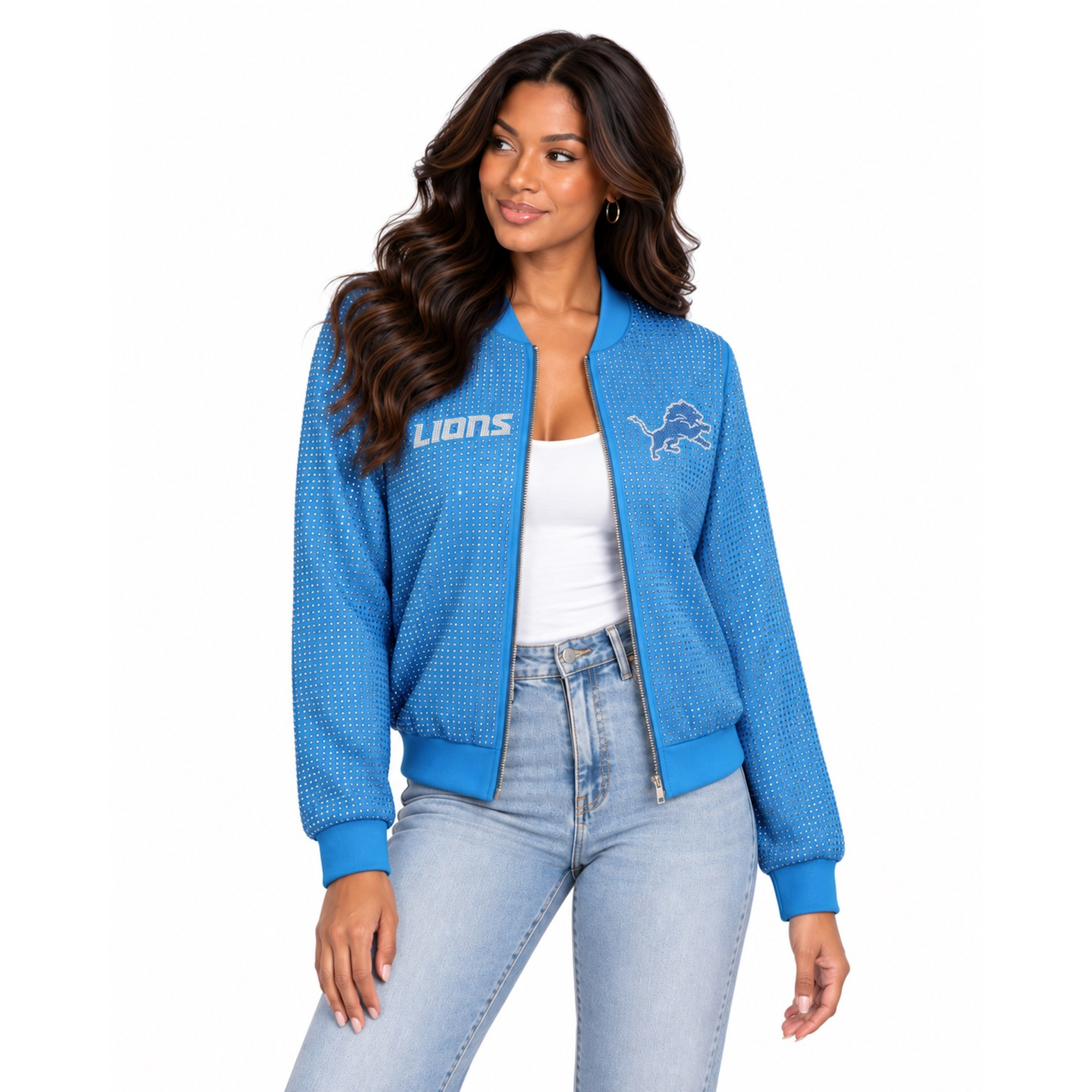 Women's FABGATING by Cuce Blue Detroit Lions Crystal Full-Zip Bomber Jacket