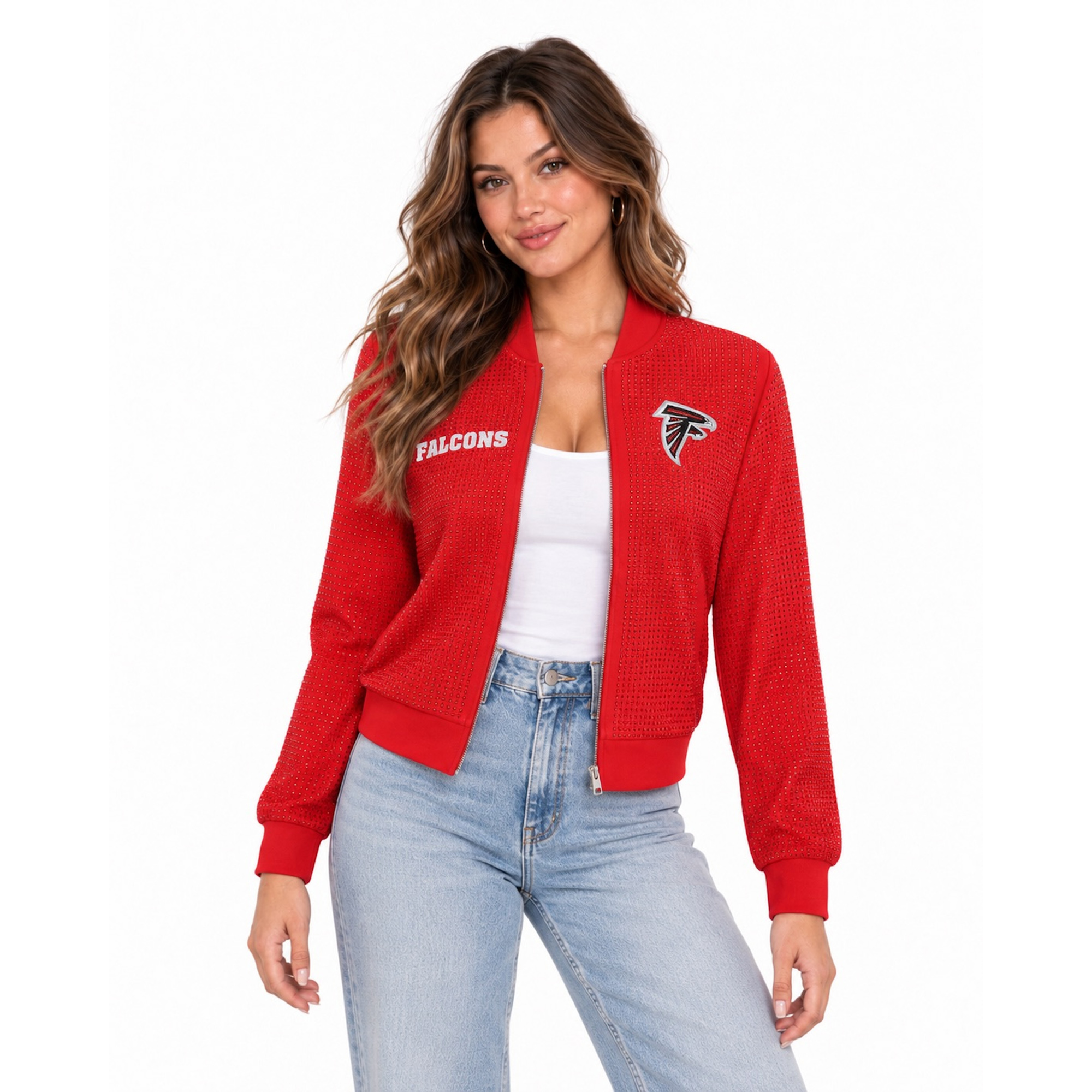 Women's FABGATING by Cuce Red Atlanta Falcons Crystal Full-Zip Bomber Jacket