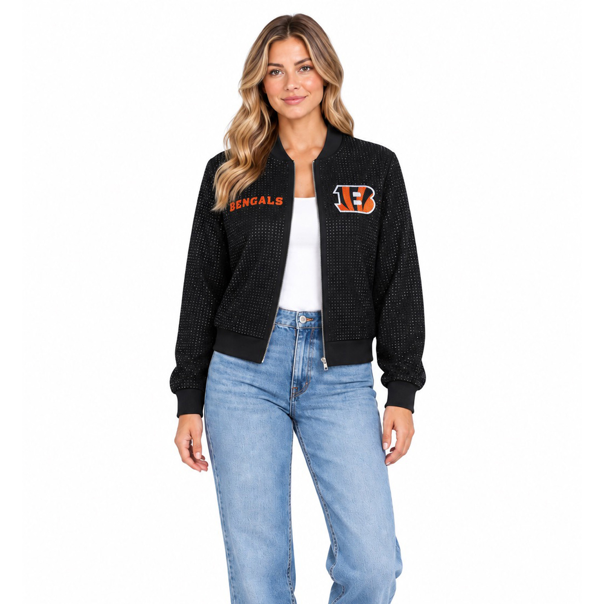 Women's FABGATING by Cuce Black Cincinnati Bengals Crystal Full-Zip Bomber Jacket
