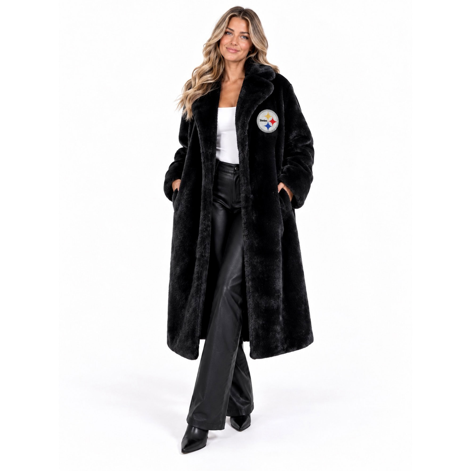 Women's FABGATING by Cuce Black Pittsburgh Steelers Longline Crystal Faux Fur Jacket