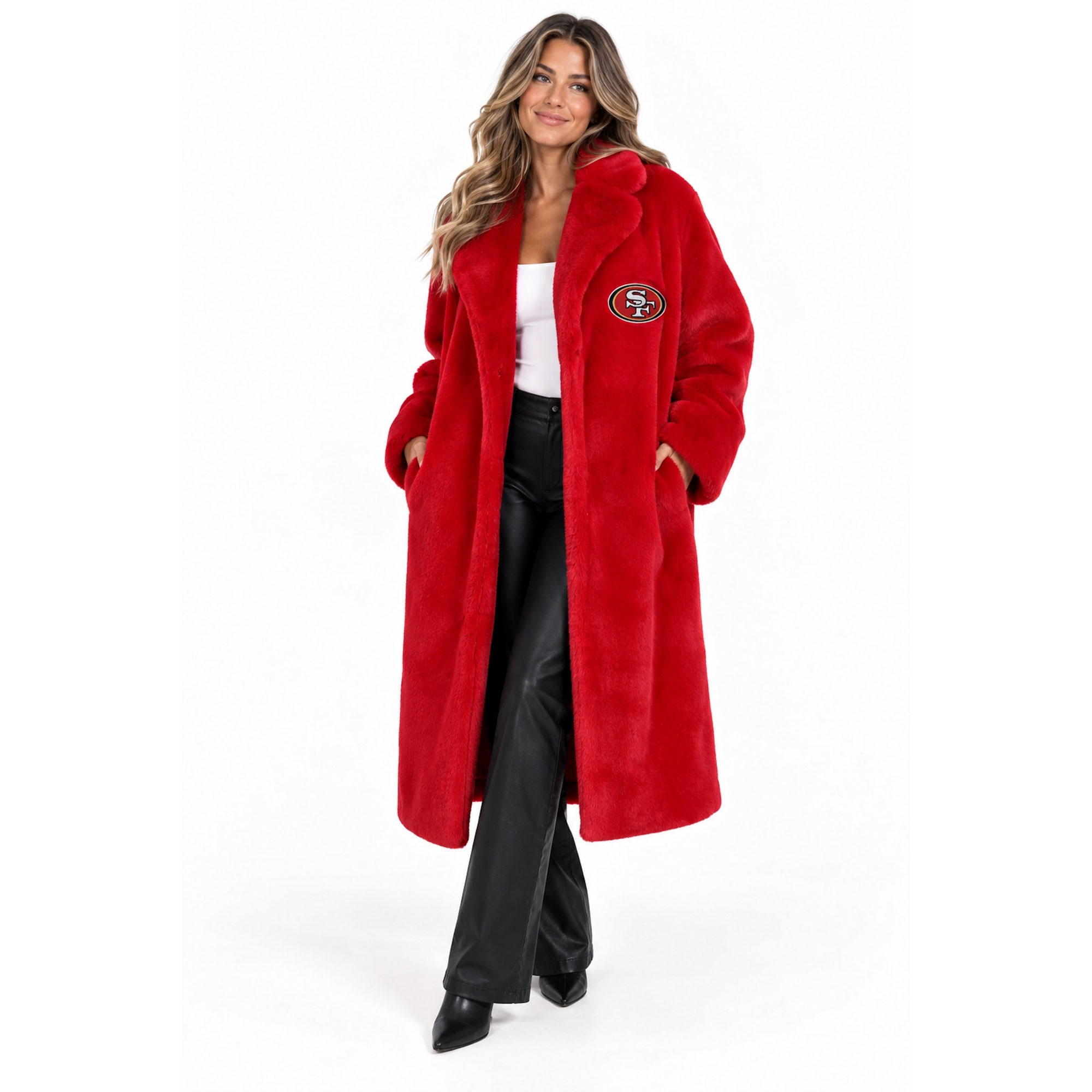 Women's FABGATING by Cuce Scarlet San Francisco 49ers Longline Crystal Faux Fur Jacket