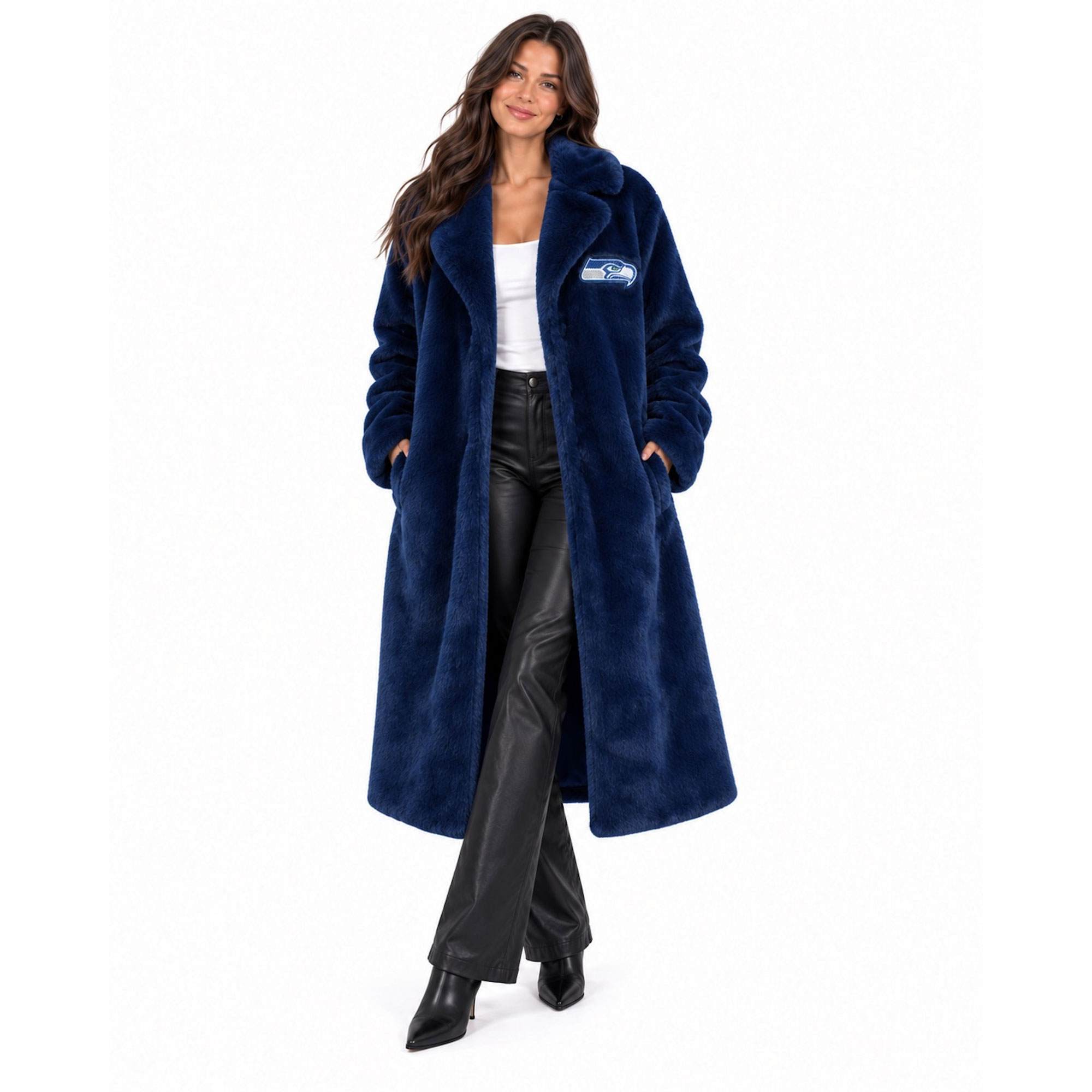 Women's FABGATING by Cuce College Navy Seattle Seahawks Longline Crystal Faux Fur Jacket