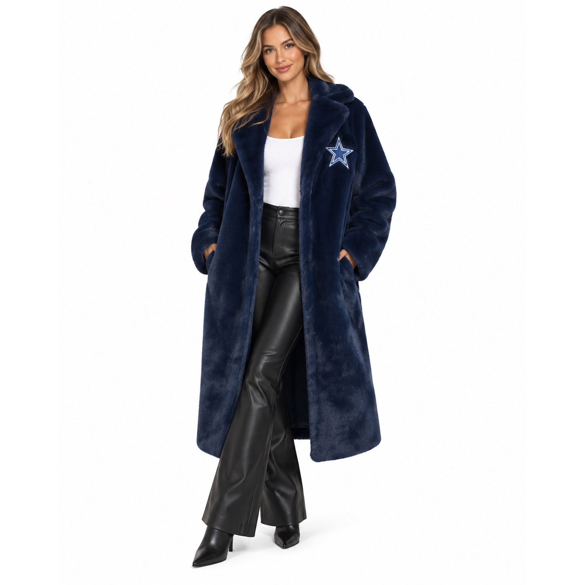 Women's FABGATING by Cuce Navy Dallas Cowboys Longline Crystal Faux Fur Jacket