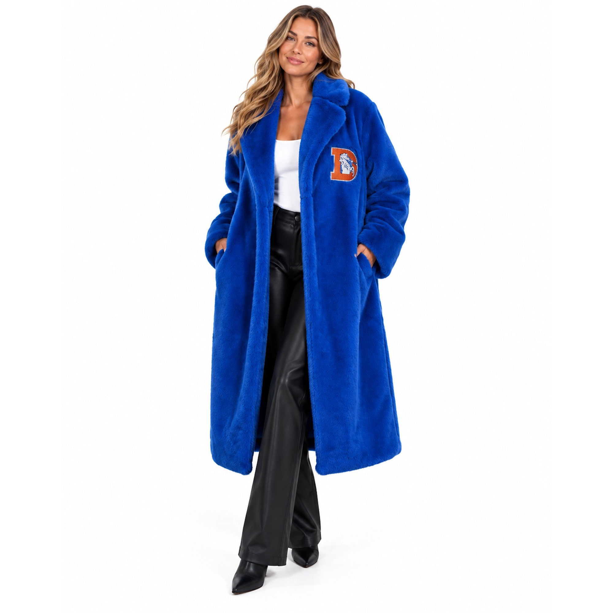 Women's FABGATING by Cuce Royal Denver Broncos Longline Crystal Faux Fur Jacket