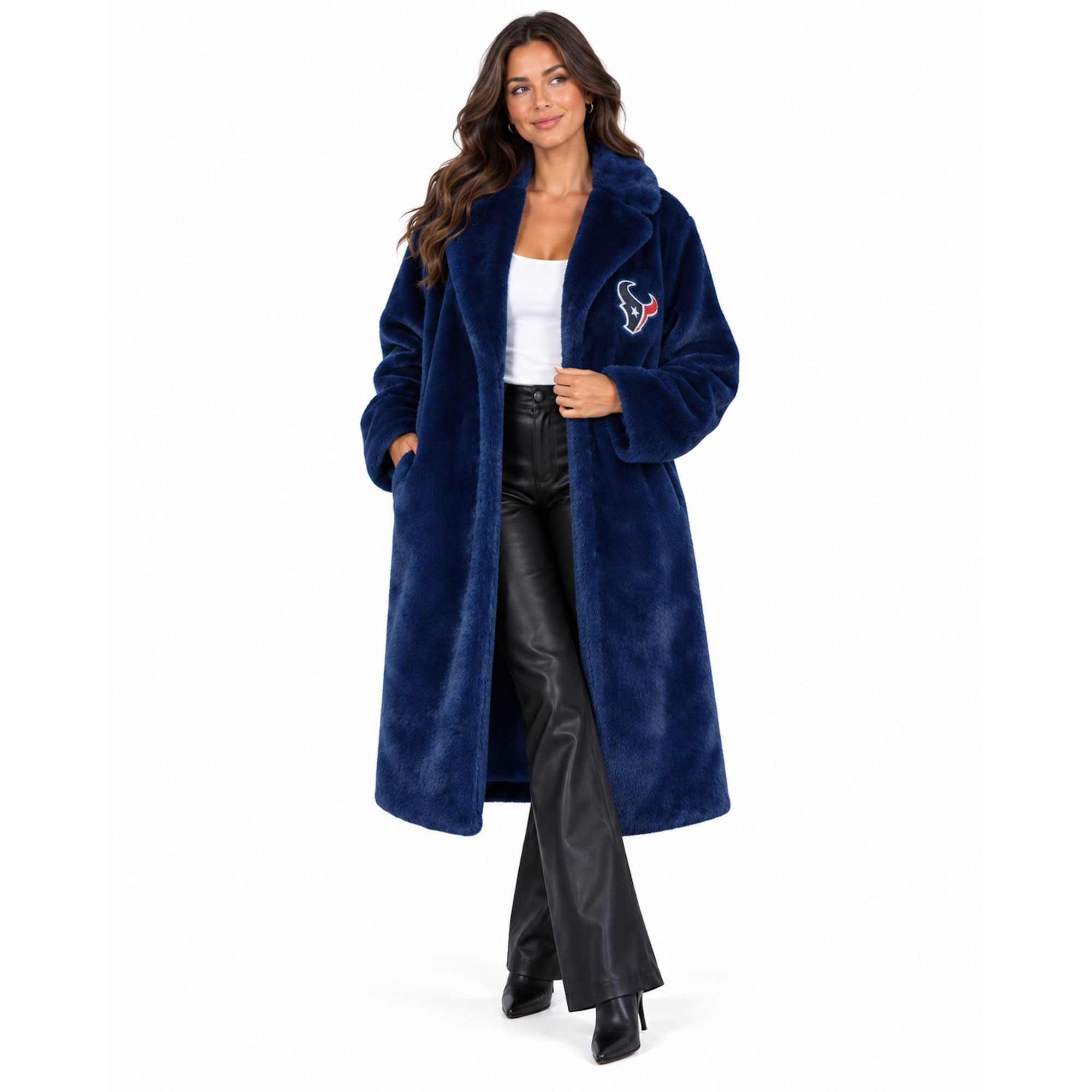 Women's FABGATING by Cuce Navy Houston Texans Longline Crystal Faux Fur Jacket
