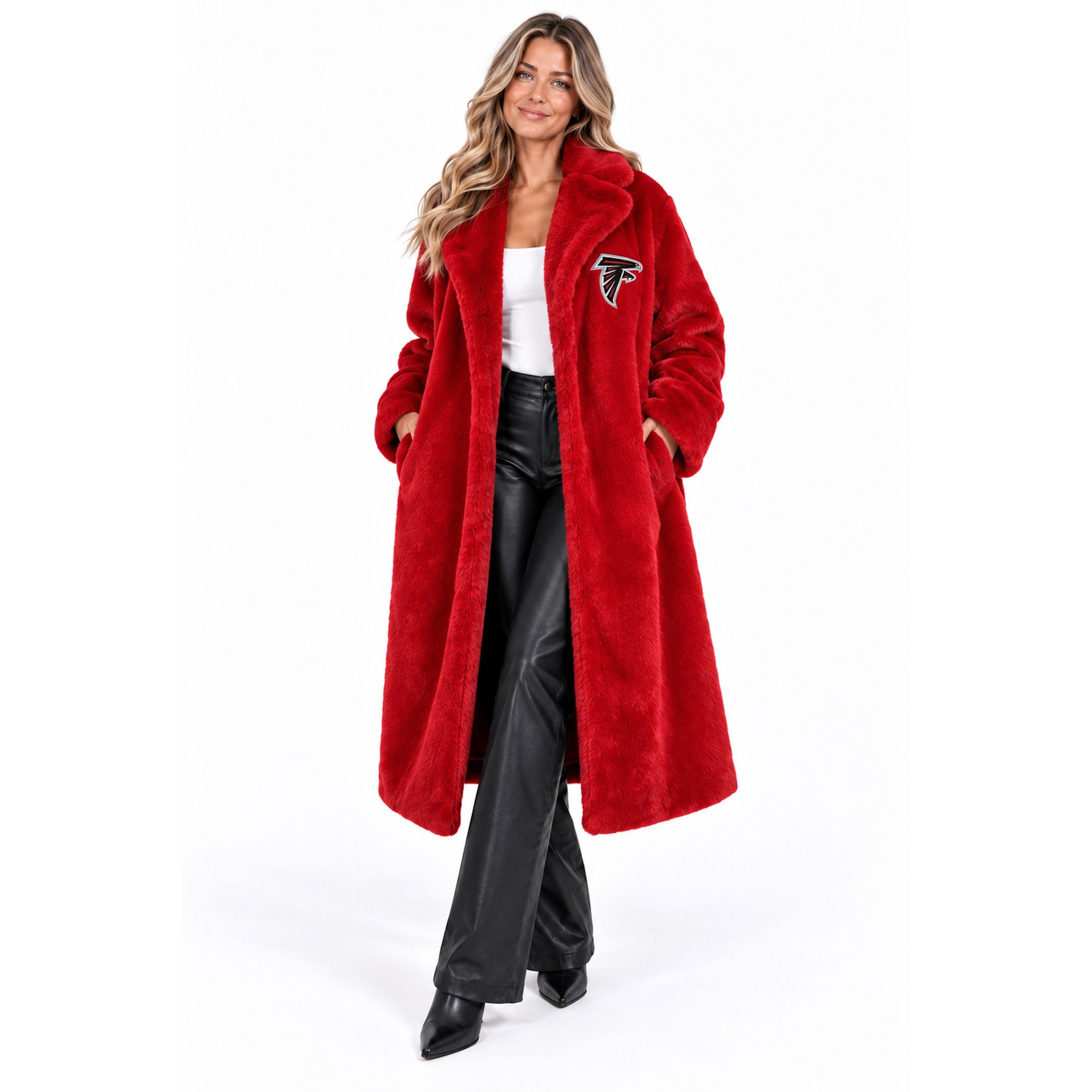 Women's FABGATING by Cuce Red Atlanta Falcons Longline Crystal Faux Fur Jacket