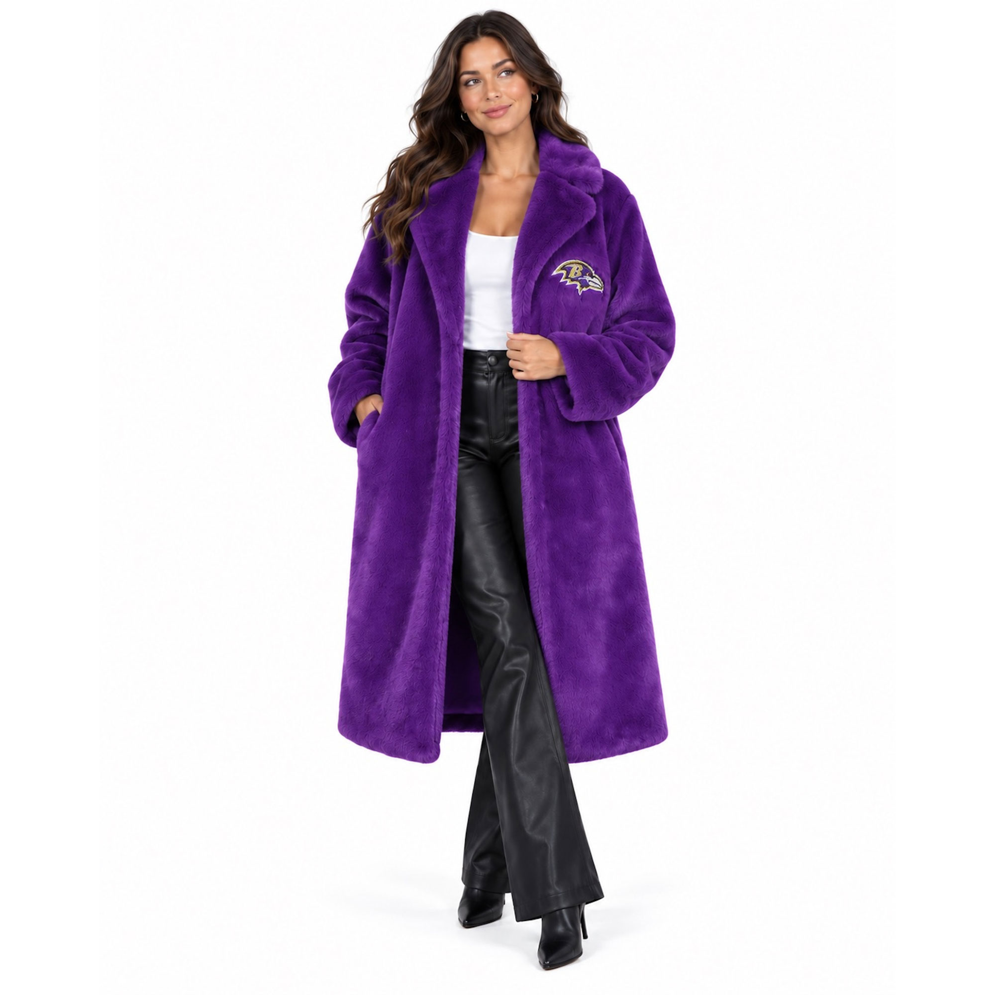 Women's FABGATING by Cuce Purple Baltimore Ravens Longline Crystal Faux Fur Jacket