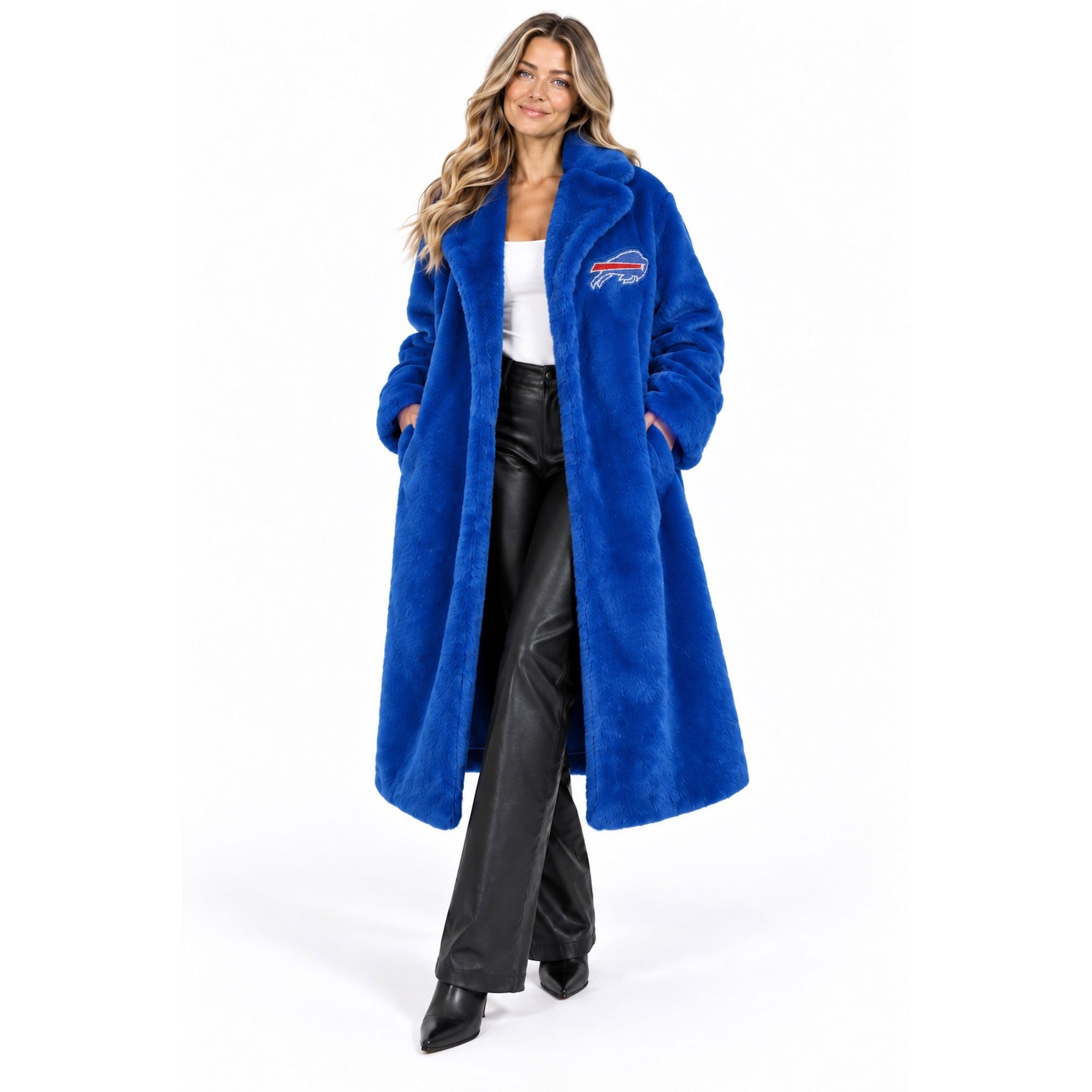 Women's FABGATING by Cuce Royal Buffalo Bills Longline Crystal Faux Fur Jacket