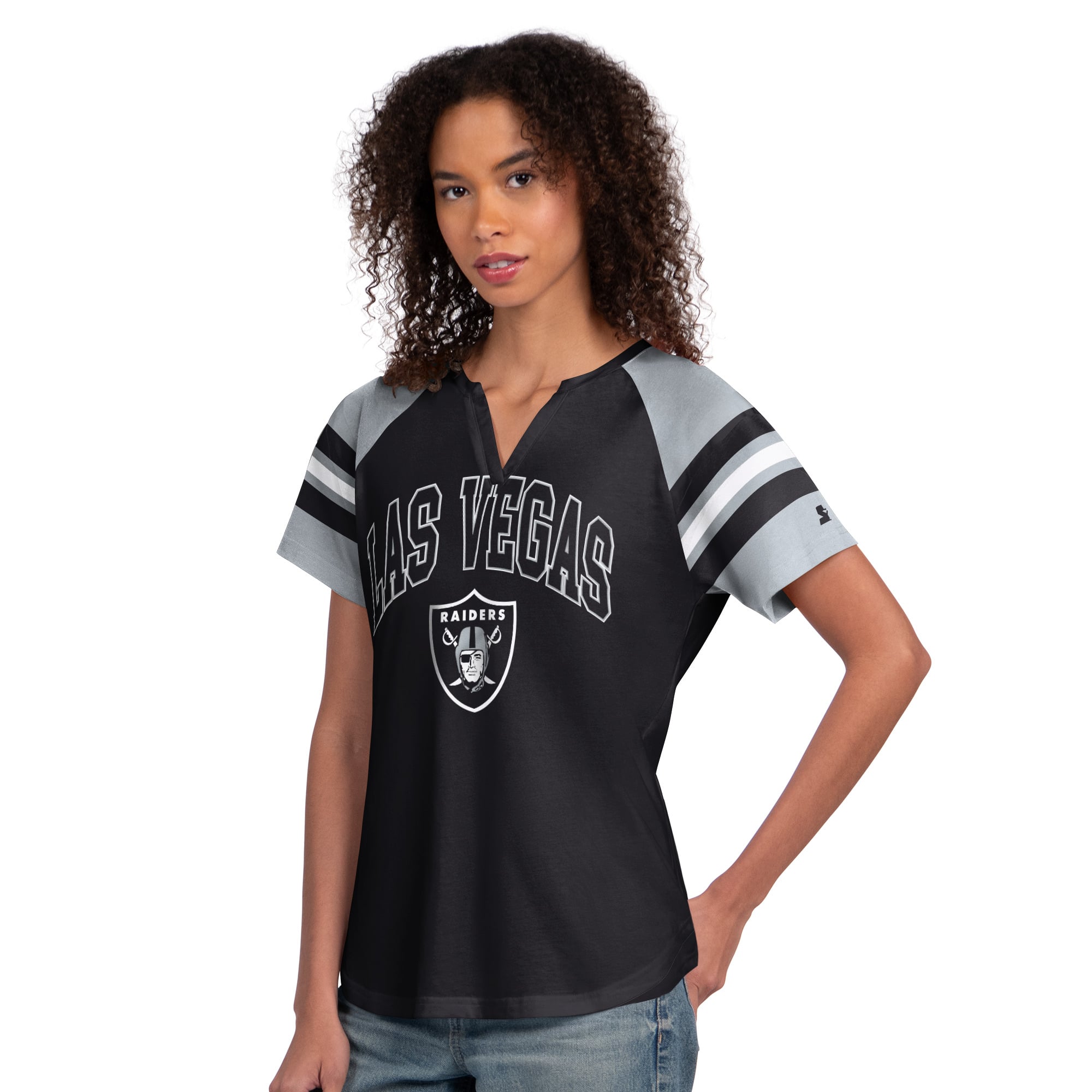 Women's Starter  Black Las Vegas Raiders Game On Notch Neck Raglan T-Shirt