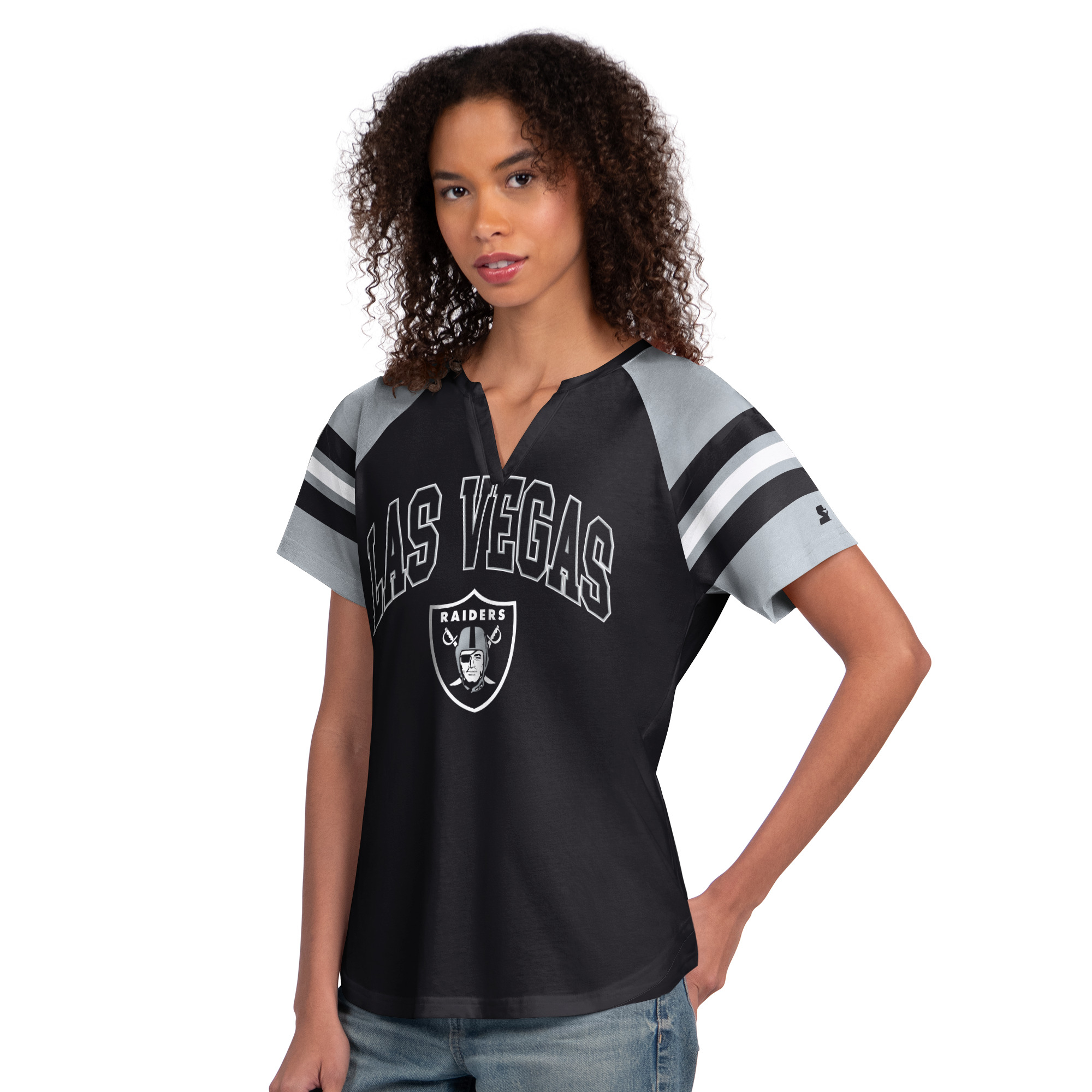 Women's Starter Black Las Vegas Raiders Game On Notch Neck Raglan T-Shirt