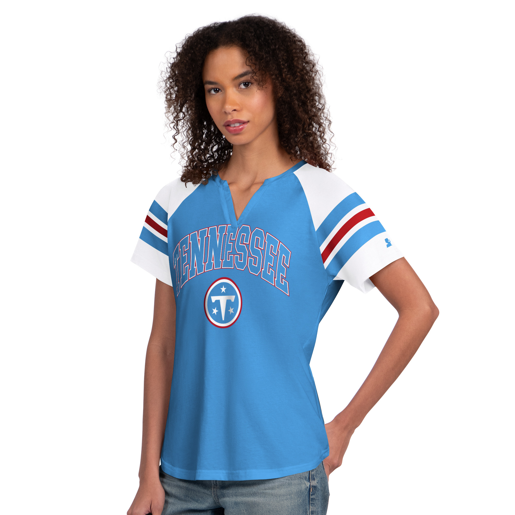 Women's Starter Light Blue Tennessee Titans Game On Notch Neck Raglan T-Shirt