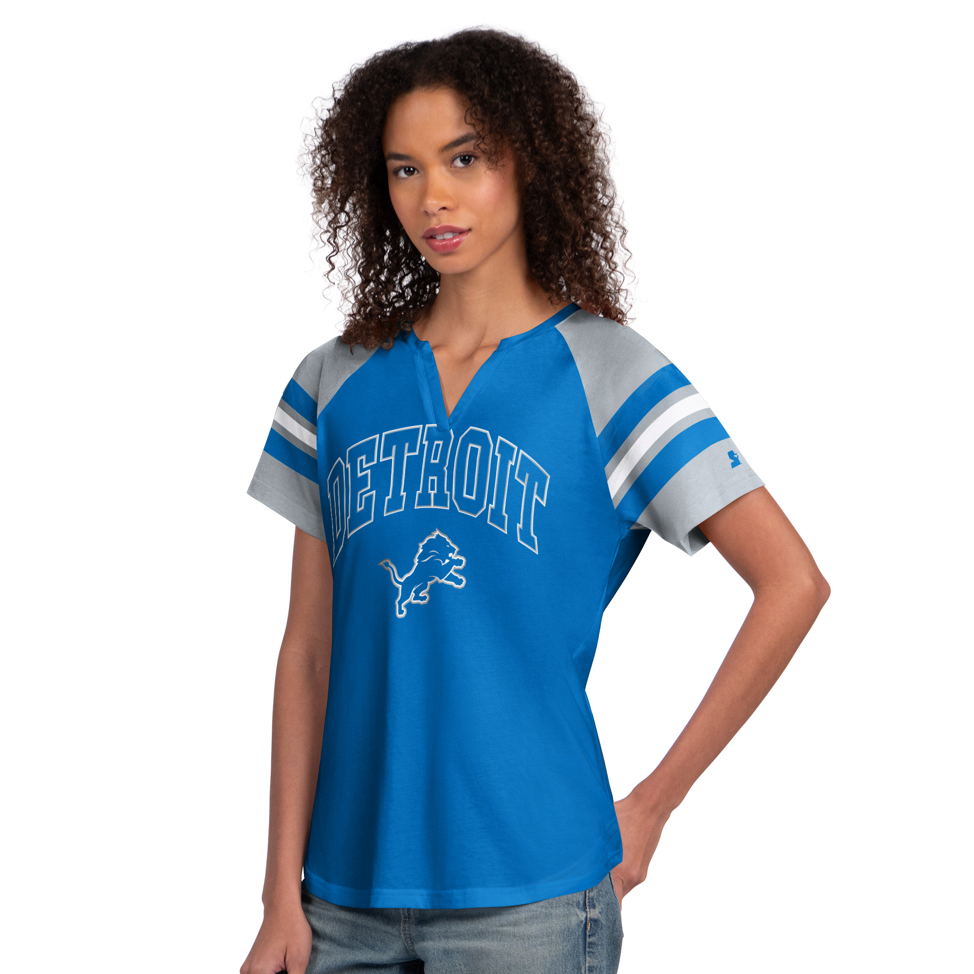 Women's Starter  Blue Detroit Lions Game On Notch Neck Raglan T-Shirt