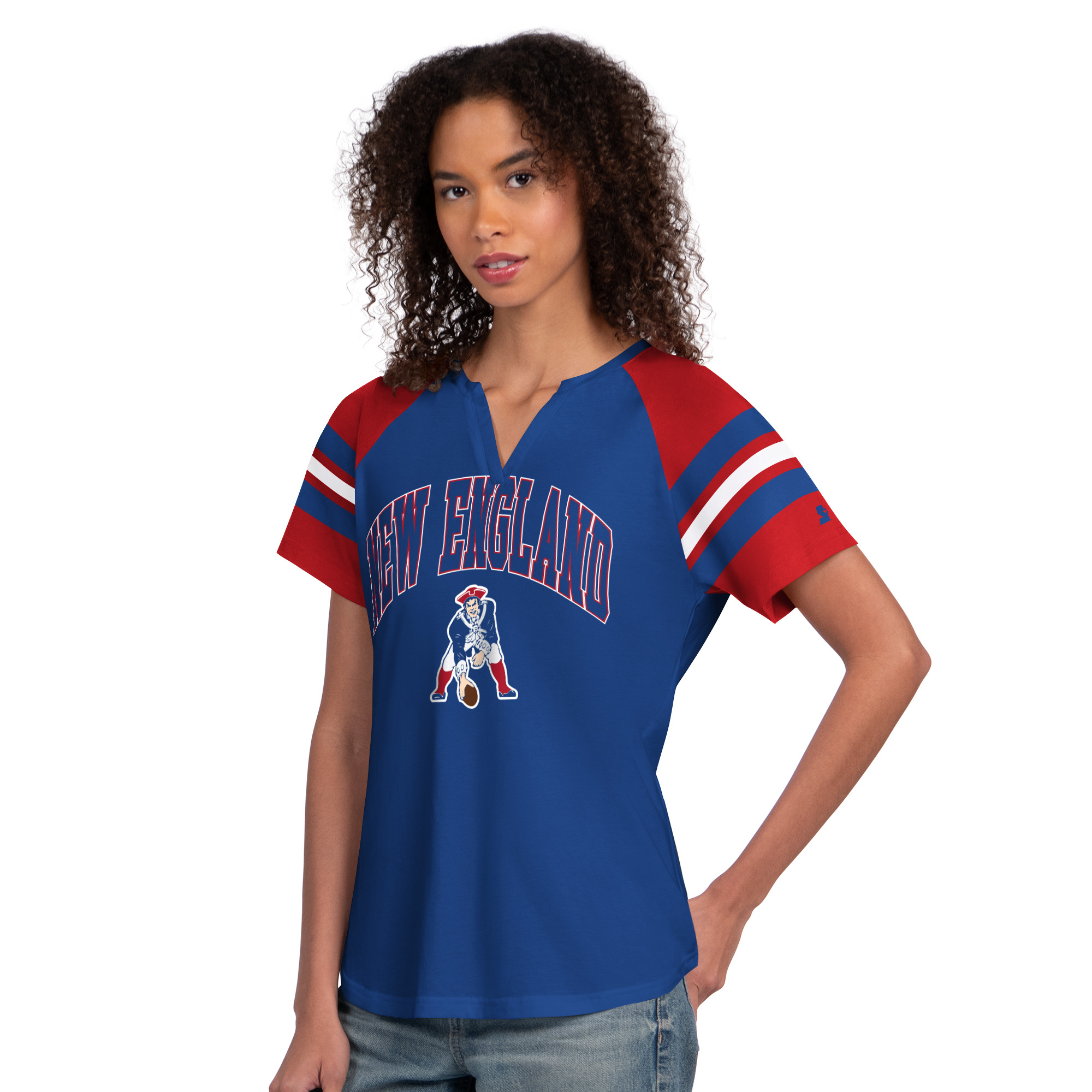 Women's Starter  Royal New England Patriots Game On Notch Neck Raglan T-Shirt