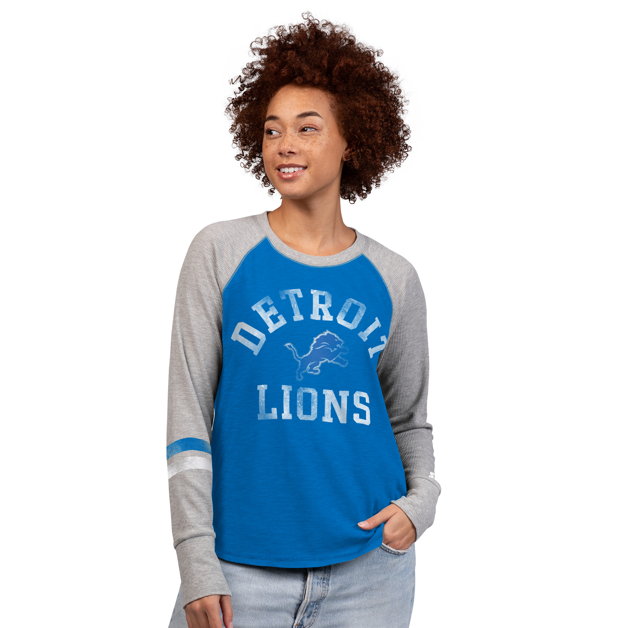 Women's Starter  Blue/Gray Detroit Lions Waffle-Knit Raglan Long Sleeve T-Shirt