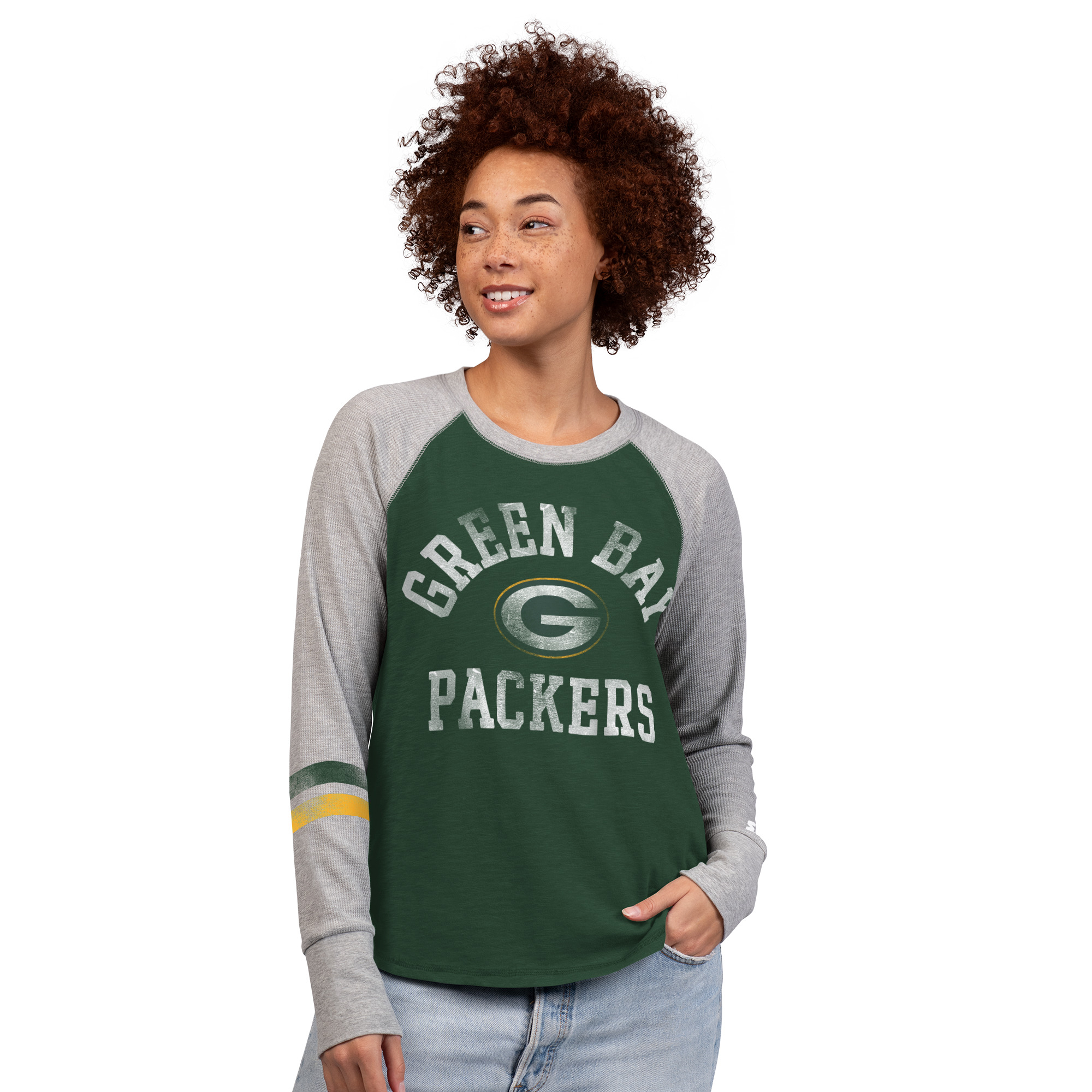 Women's Starter  Green/Gray Green Bay Packers Waffle-Knit Raglan Long Sleeve T-Shirt