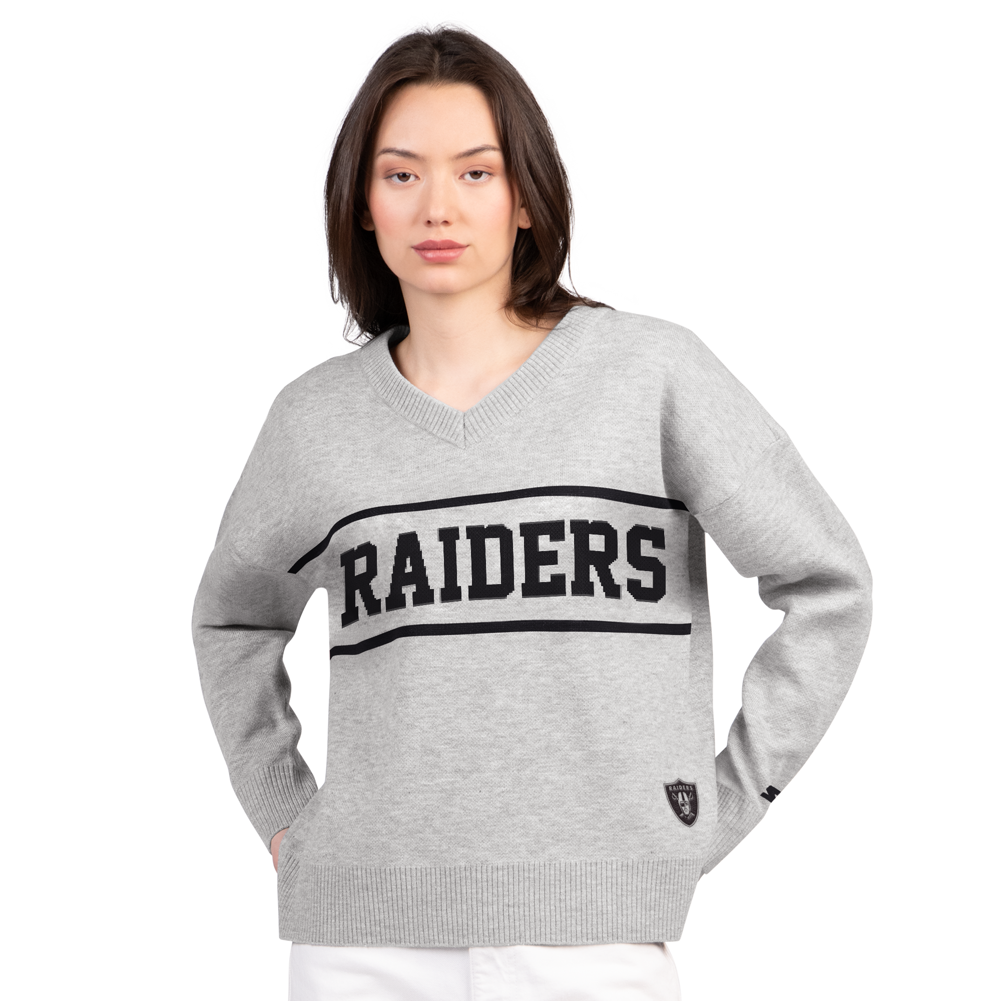 Women's Starter Gray Las Vegas Raiders Best Shot V-Neck Sweater