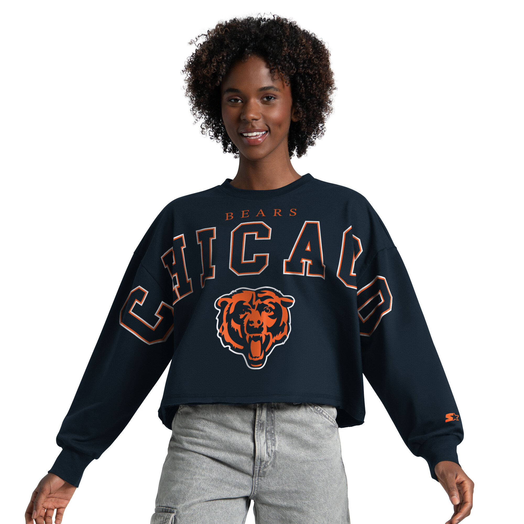 Women's Starter Navy Chicago Bears Bleachers Cropped Sweatshirt