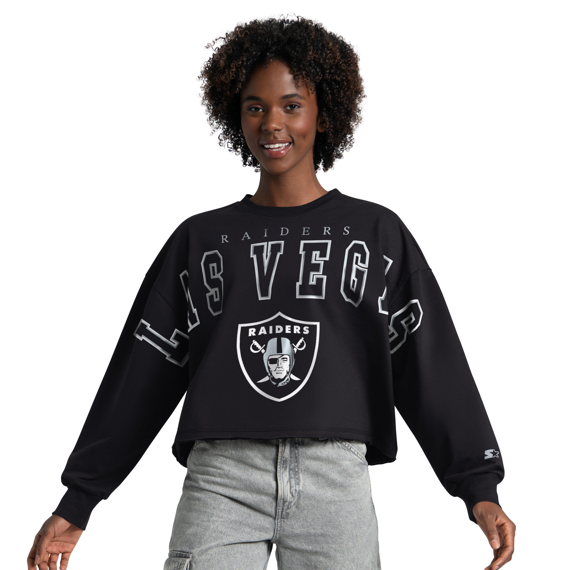 Women's Starter Black Las Vegas Raiders Bleachers Cropped Sweatshirt