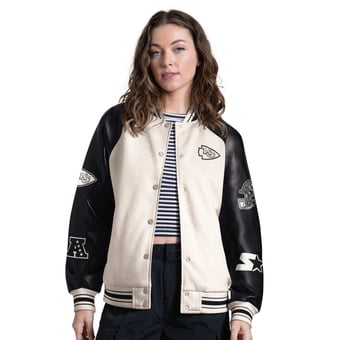 Women's Starter Cream Kansas City Chiefs End Zone Varsity Raglan Full Snap Jacket