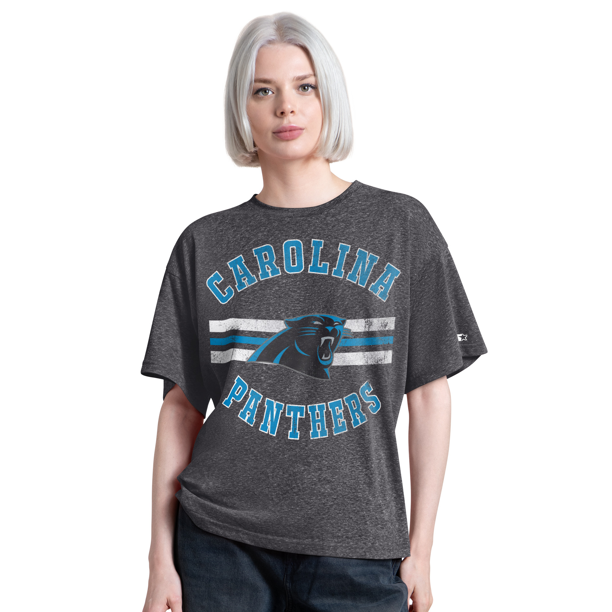 Women's Starter Black Carolina Panthers Jump Shot Boyfriend Tri-Blend T-Shirt