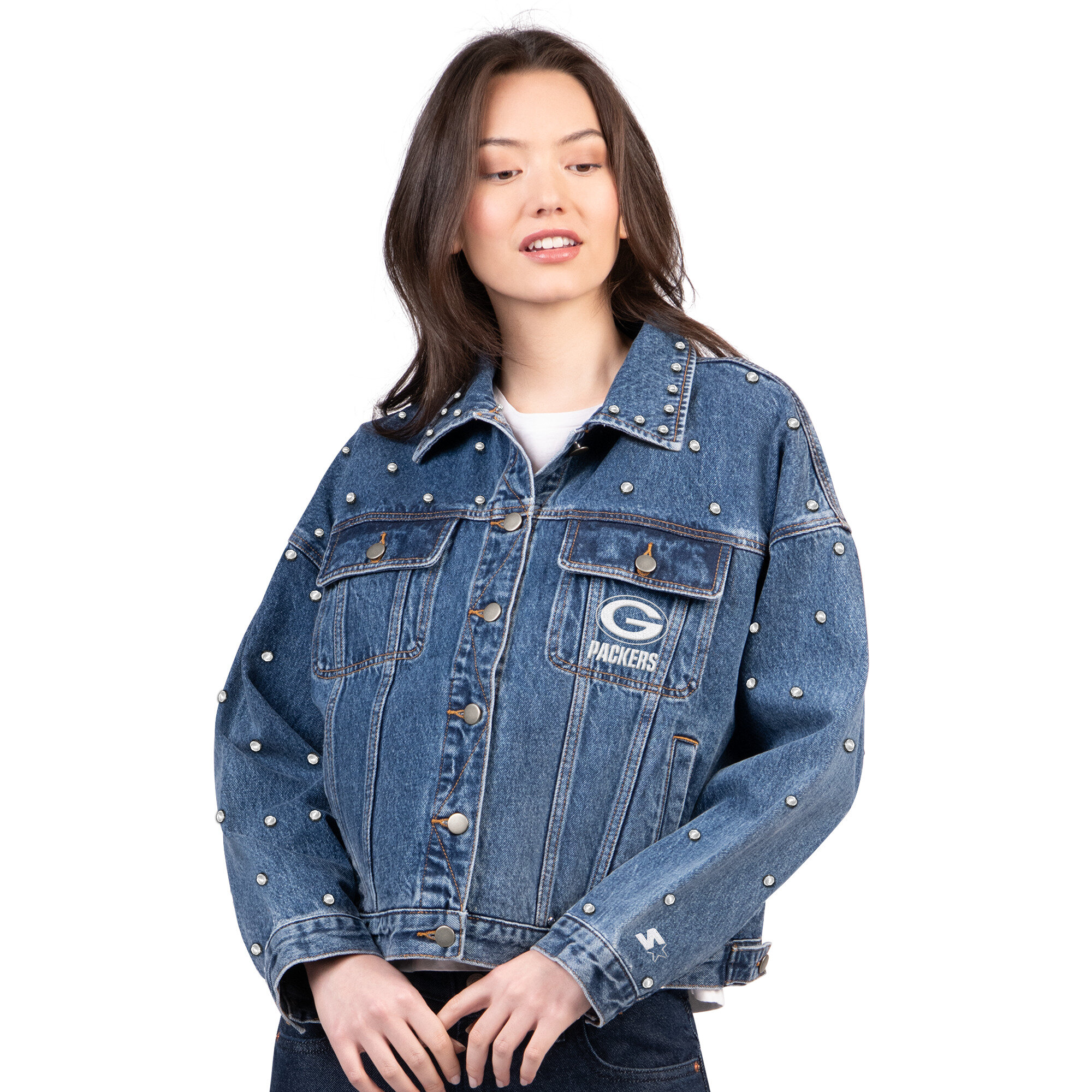 Women's Starter  Denim Green Bay Packers Pearl Icon Full Button Denim Jacket