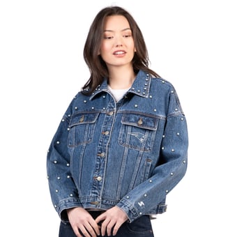 Women's Starter  Denim New England Patriots Pearl Icon Full Button Denim Jacket