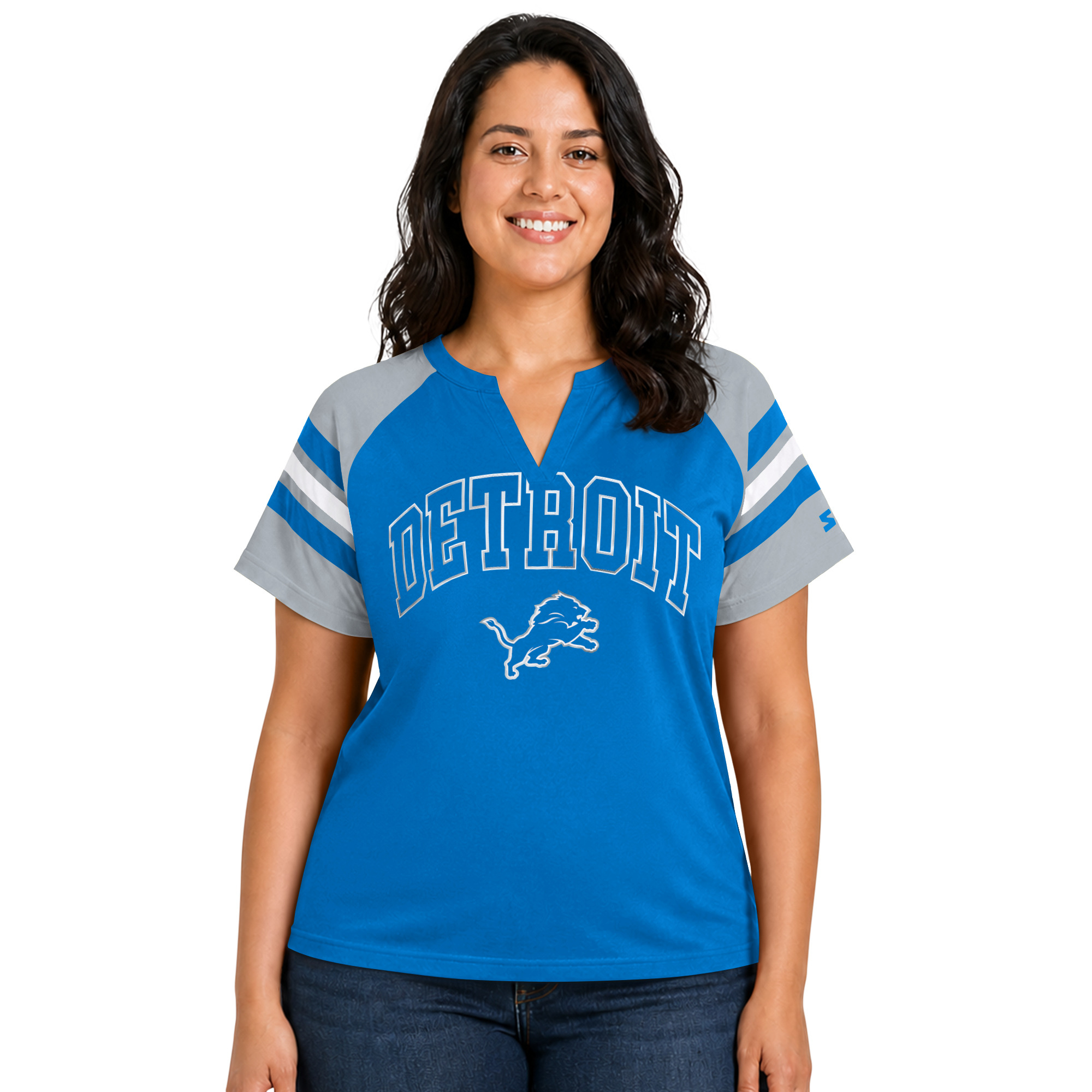 Women's Starter  Blue Detroit Lions Plus Size Game On Notch Neck Raglan T-Shirt
