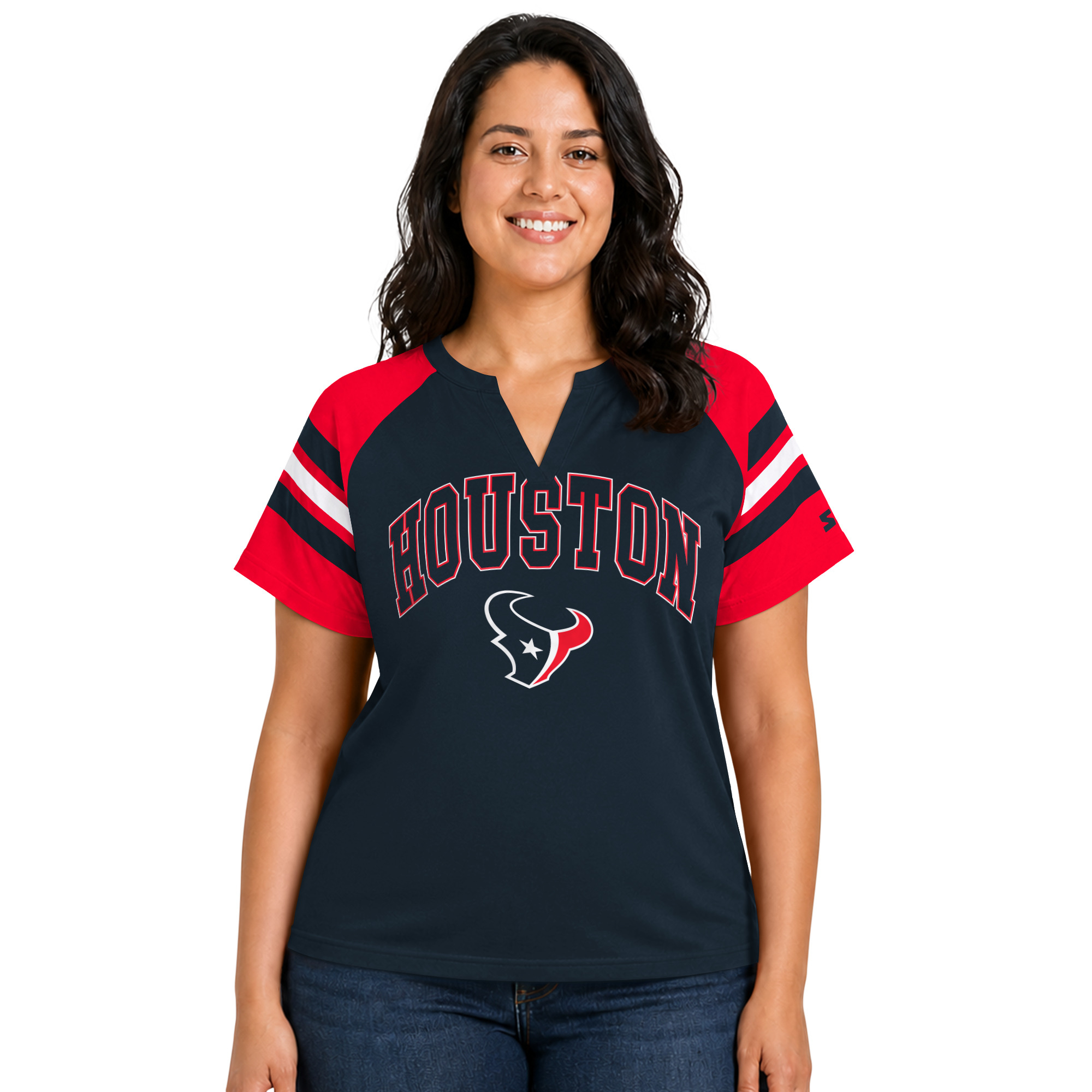 Women's Starter  Navy Houston Texans Plus Size Game On Notch Neck Raglan T-Shirt