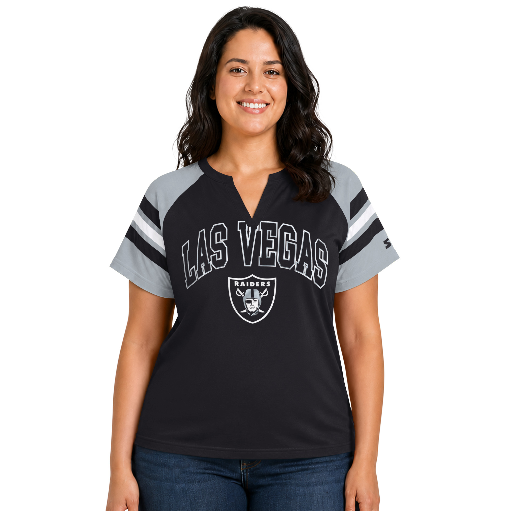 Women's Starter Black Las Vegas Raiders Plus Size Game On Notch Neck Raglan T-Shirt