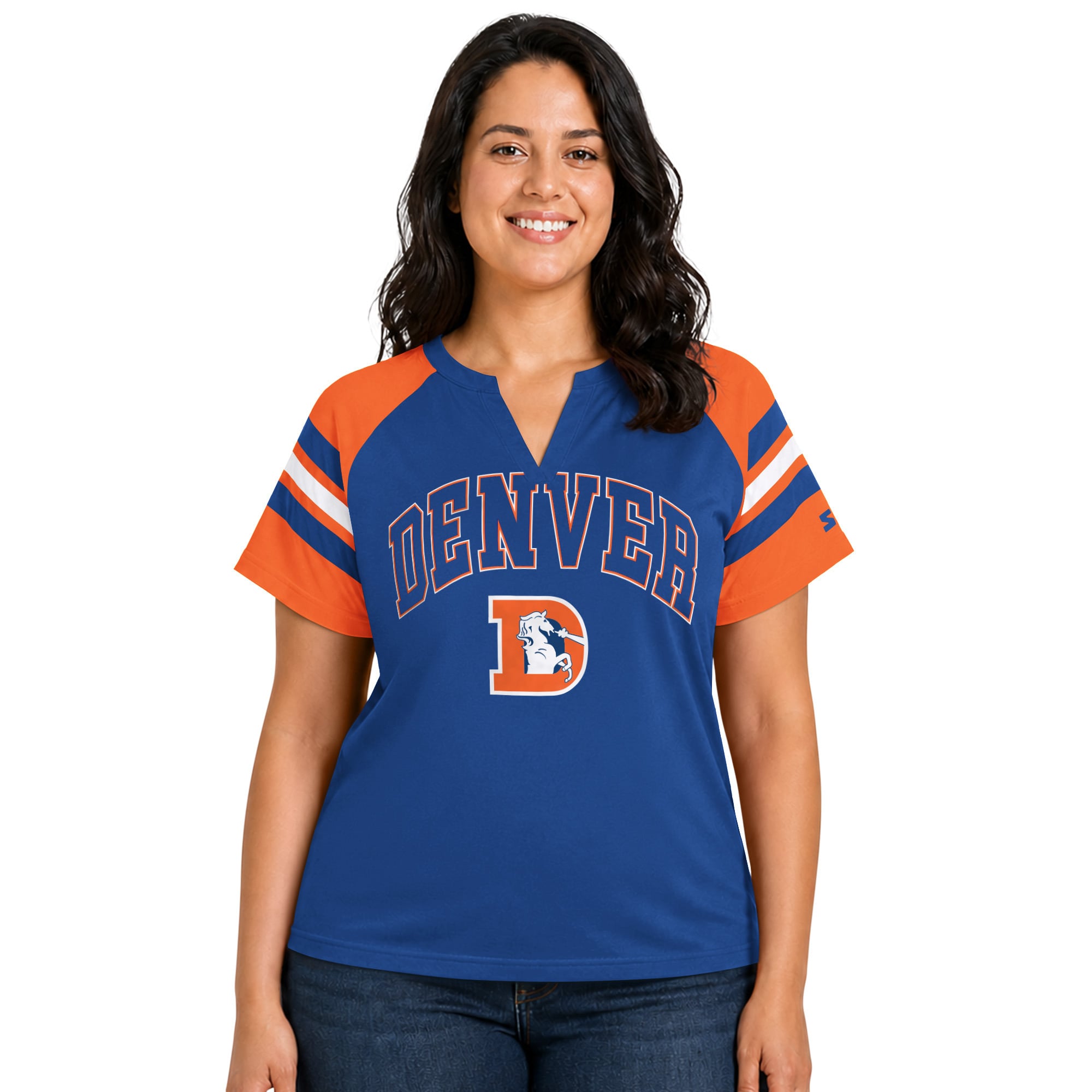 Women's Starter  Royal Denver Broncos Plus Size Throwback Game On Notch Neck Raglan T-Shirt