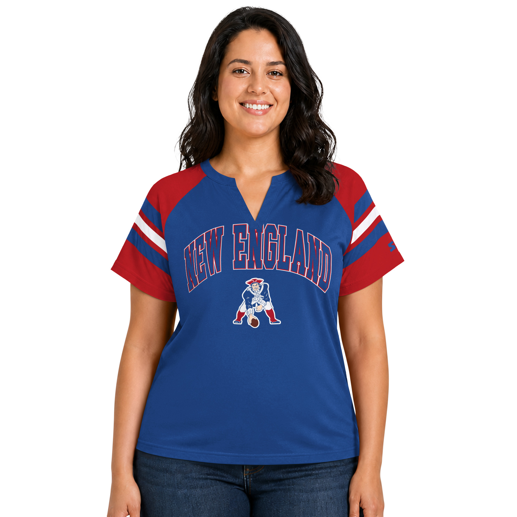 Women's Starter Royal New England Patriots Plus Size Throwback Game On Notch Neck Raglan T-Shirt