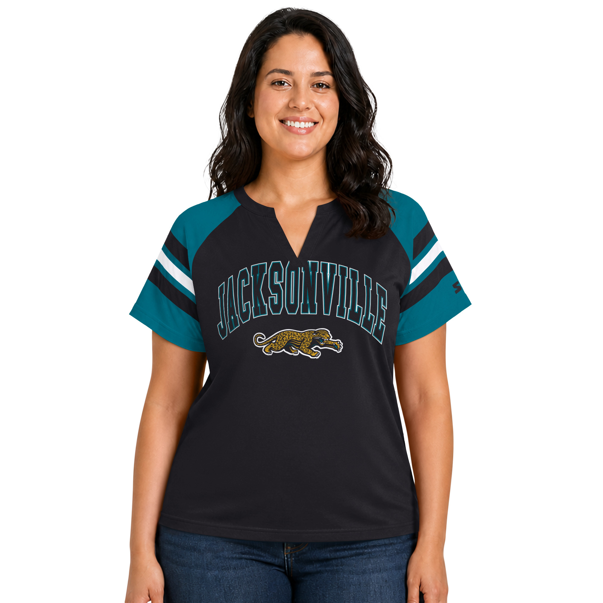 Women's Starter  Black Jacksonville Jaguars Plus Size Throwback Game On Notch Neck Raglan T-Shirt