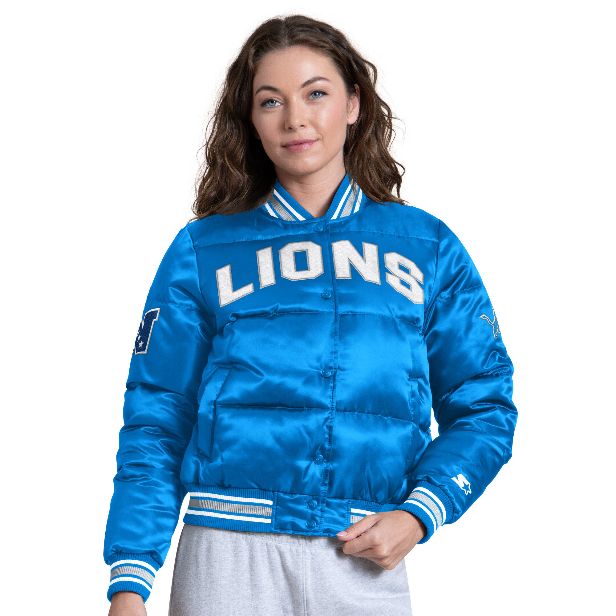 Women's Starter Blue Detroit Lions Pump Fake Puffer Full Snap Cropped Jacket