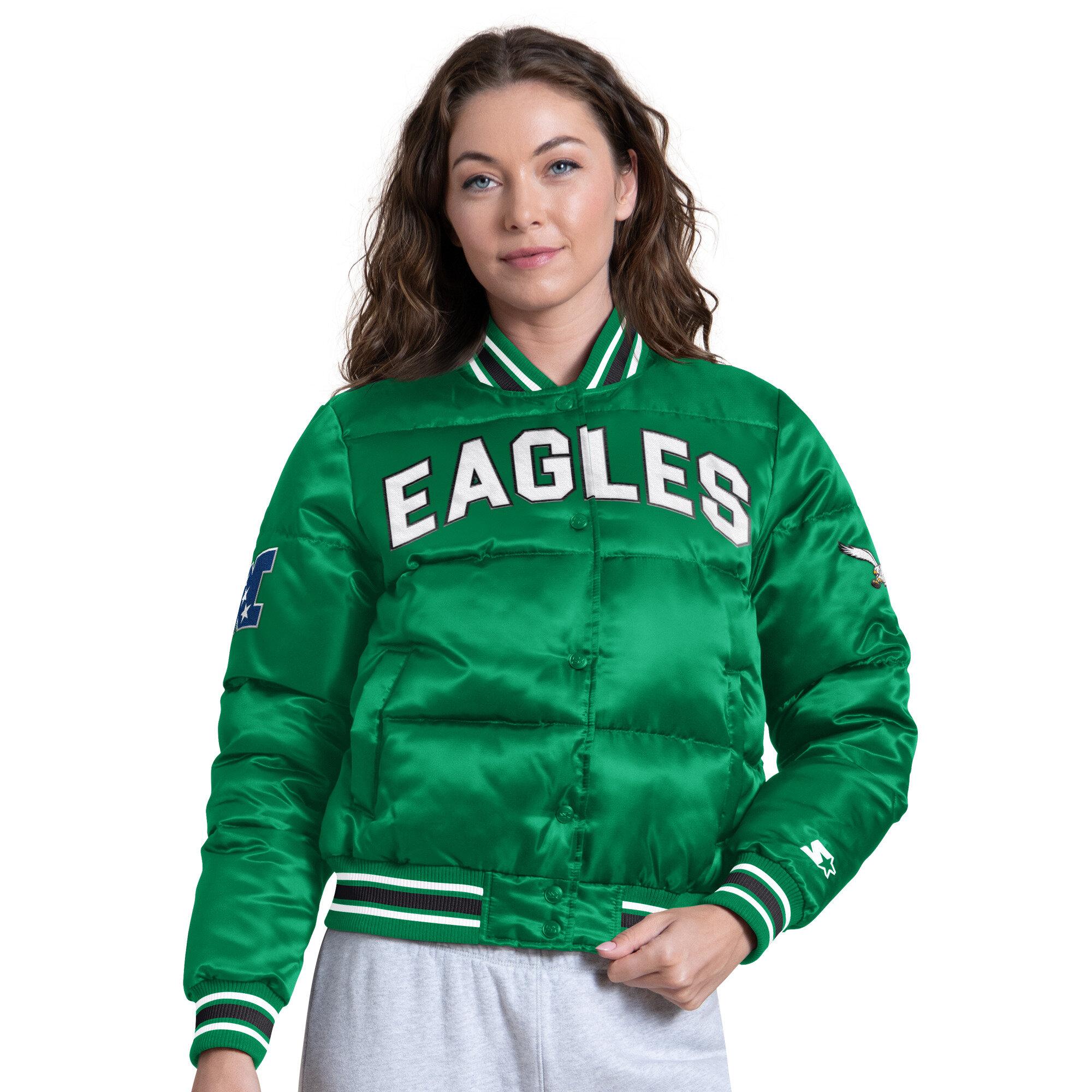 Women's Starter Kelly Green Philadelphia Eagles Vintage Pump Fake Puffer Full Snap Cropped Jacket