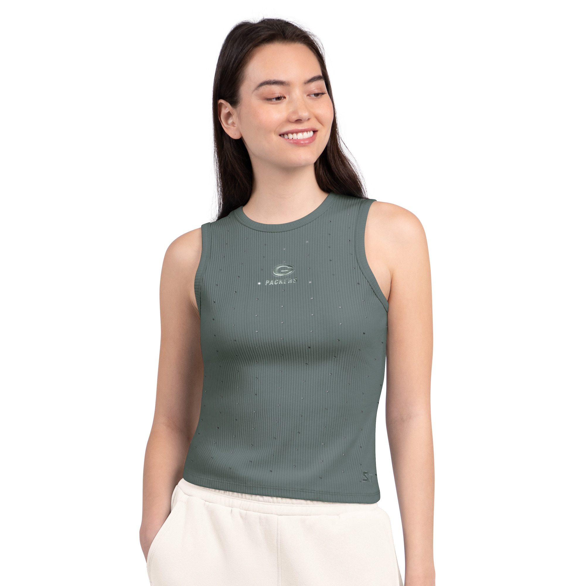 Starter Women's Green Bay Packers Rhinestone Sprinkle Ribbed Tank Top - Green