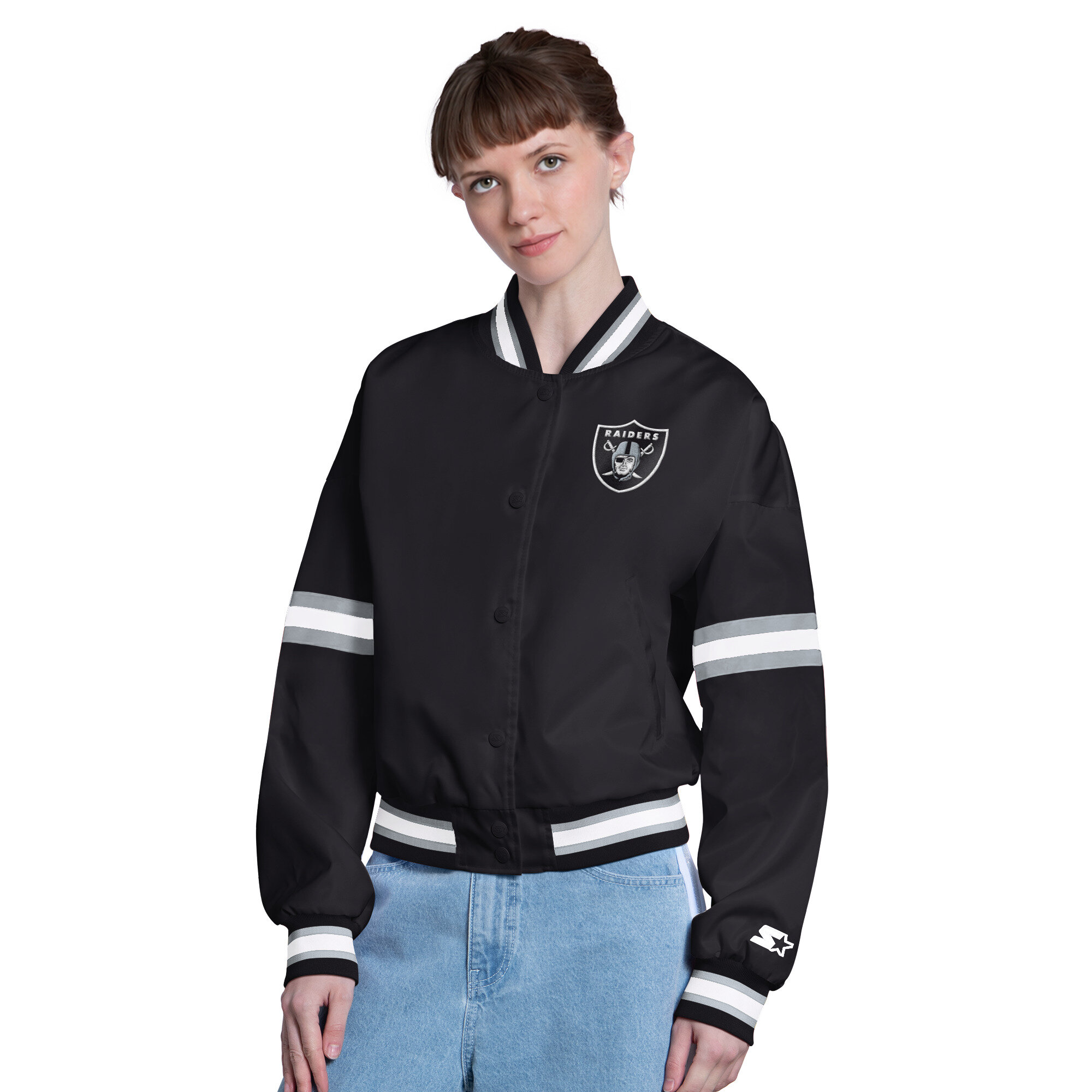 Women's Starter  Black Las Vegas Raiders Satin Varsity Full-Snap Jacket
